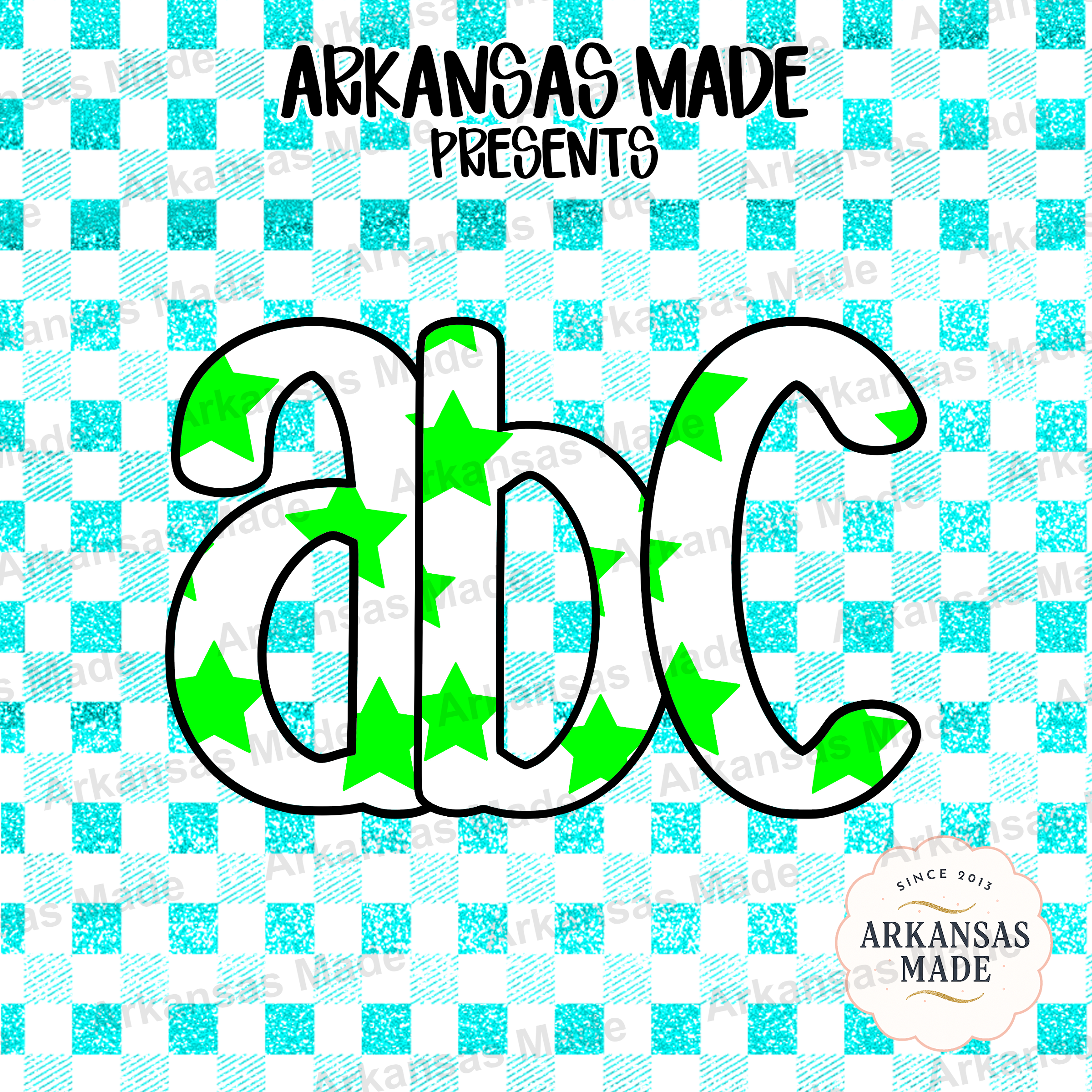 Green Star Alpha Set Digital Download, Aqua Glitter Gingham Alphabet Letters PNG, Preppy Cheerful Kids ABC Clipart for Sublimation & Crafts - Image 4