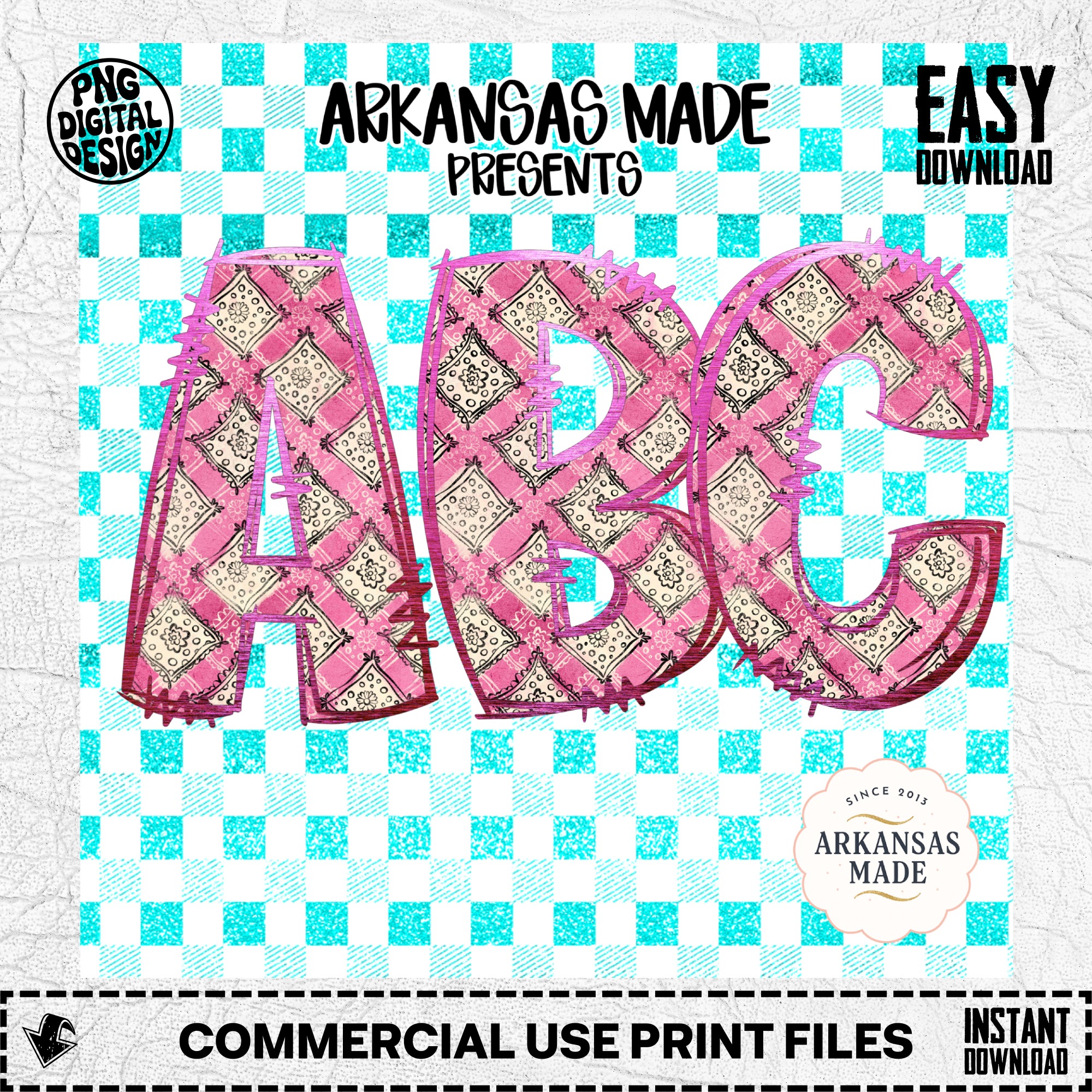 Pink Bandana Alphabet PNG, Teal Gingham Distressed Alpha, Full A-Z Digital Download, Sublimation DTF Letters, Shabby Chic - Image 2