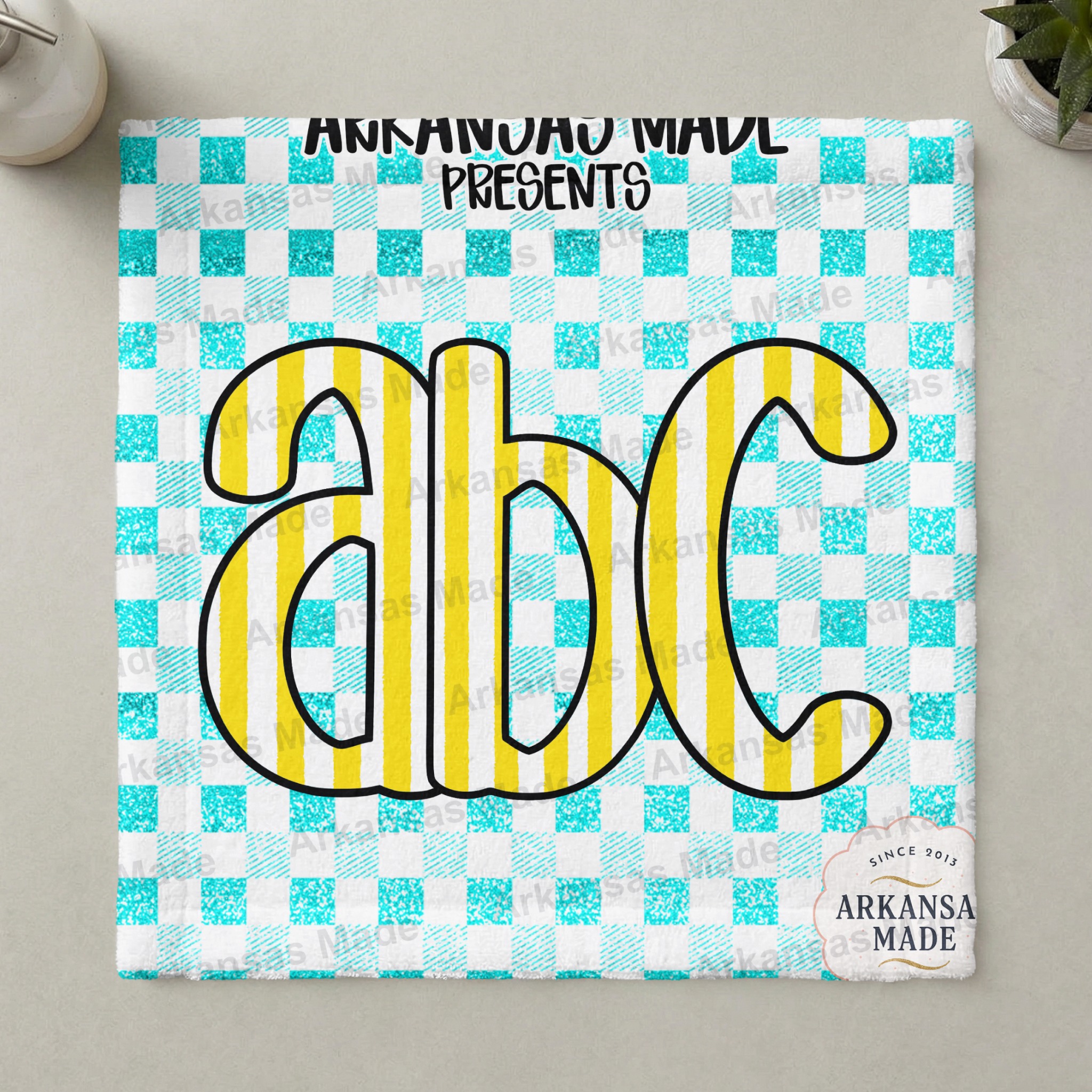 ABC Alphabet Digital Download Set, Yellow Striped Letters PNG, Faux Glitter Teal Gingham Clipart Bundle - Image 3