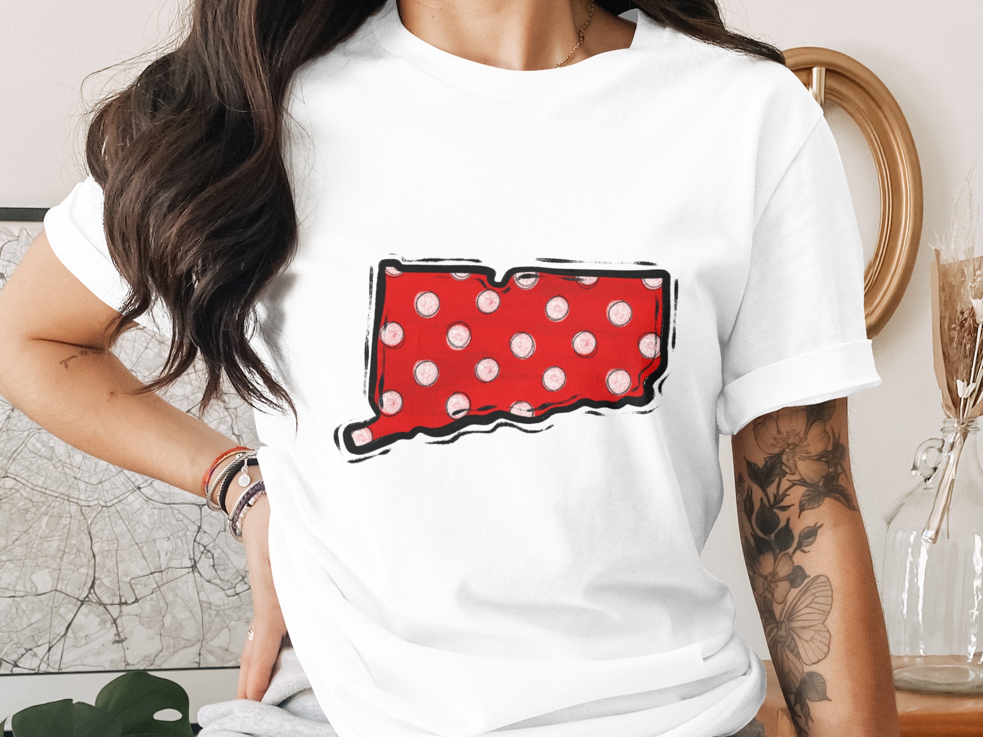 Connecticut Polka Dot Map PNG, Red CT State Outline Digital Download, Grunge Distressed Polka Dots Sublimation, DTF File