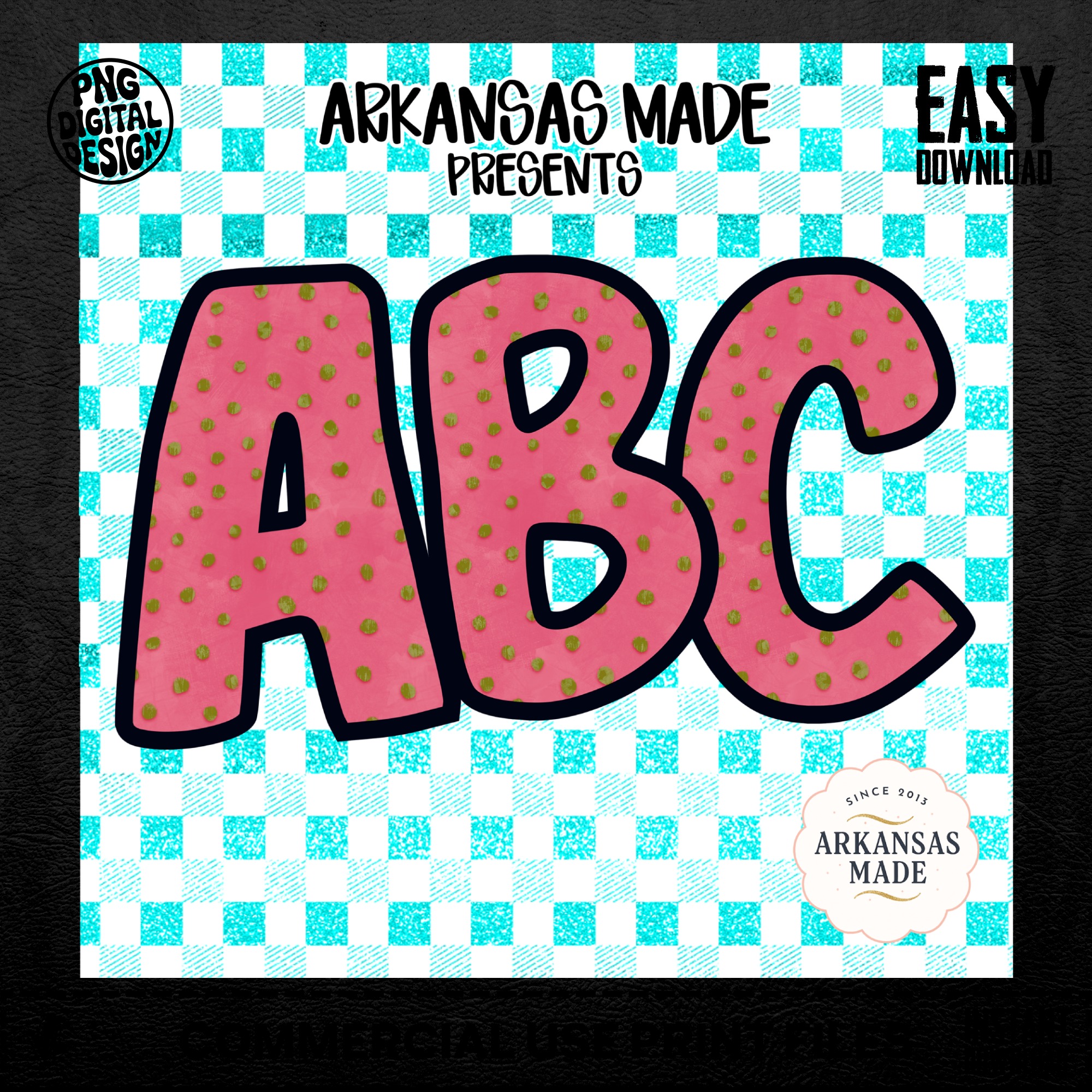 Pink Polka Dot ABC Alphabet, Teal Gingham Background, Digital, Digital Download Full A-Z Alpha, Sublimation DTF PNGs, Nursery Letters - Image 5
