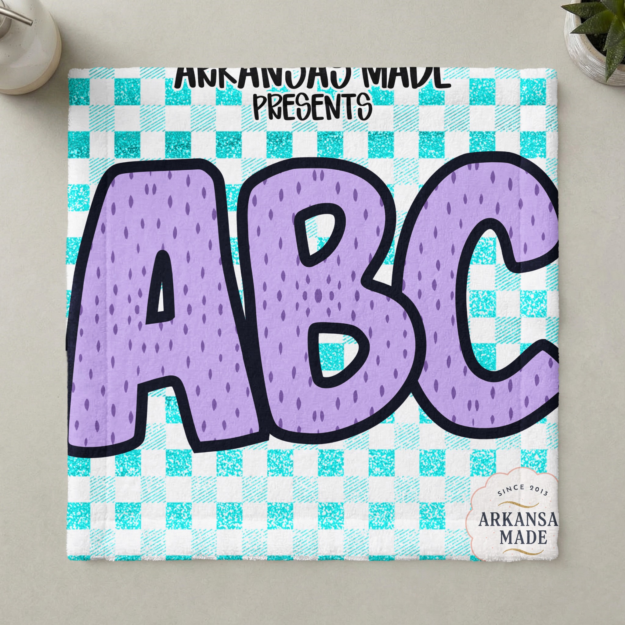 Purple Speckled ABC Alphabet, Full A-Z Alpha Set, Glitter Teal Checkered Background, Digital, Sublimation DTF PNGs Download - Image 6