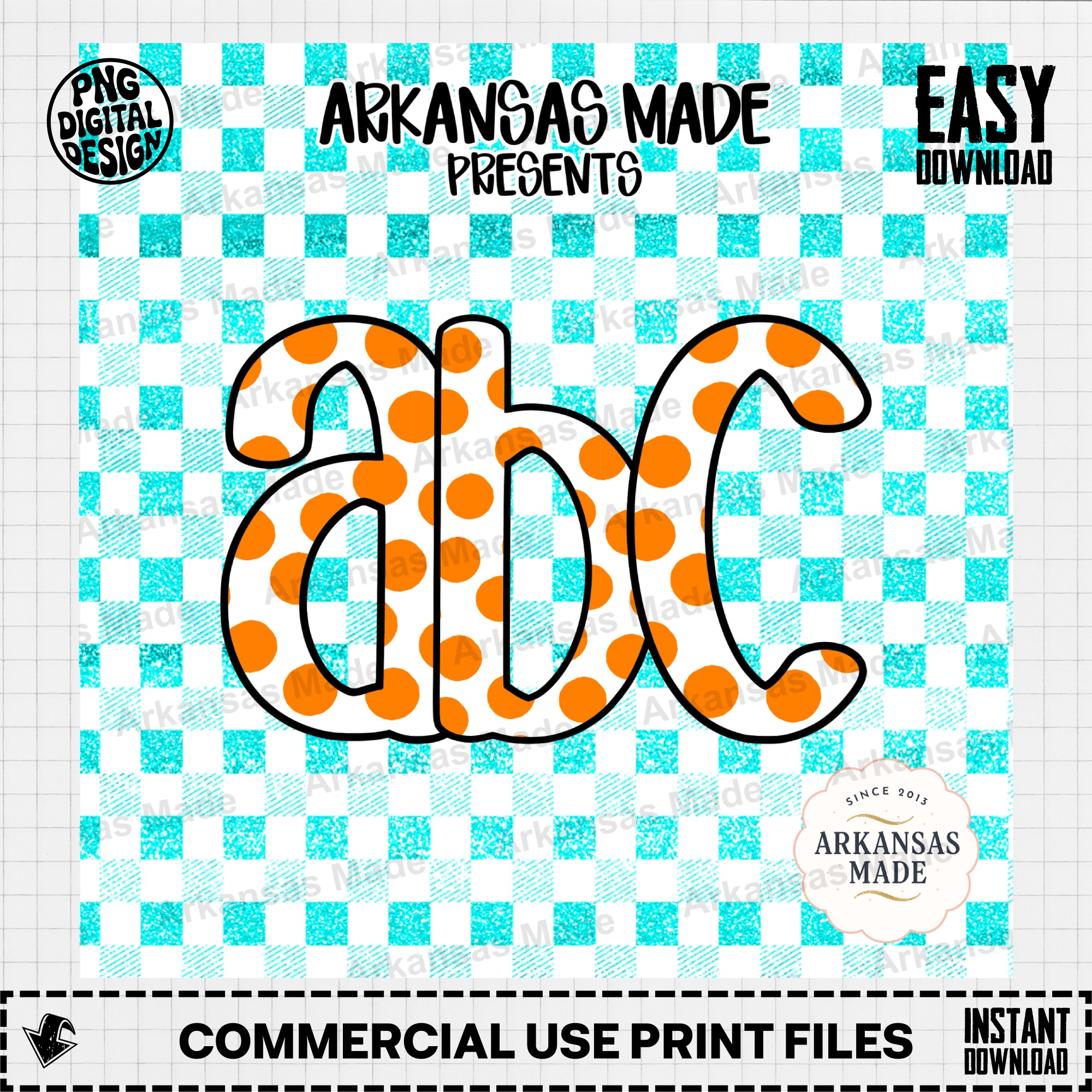 ABC Alphabet Letters Digital Download Alpha Set, Orange Polka Dot Teal Glitter Gingham Craft PNG Bundle - Image 2