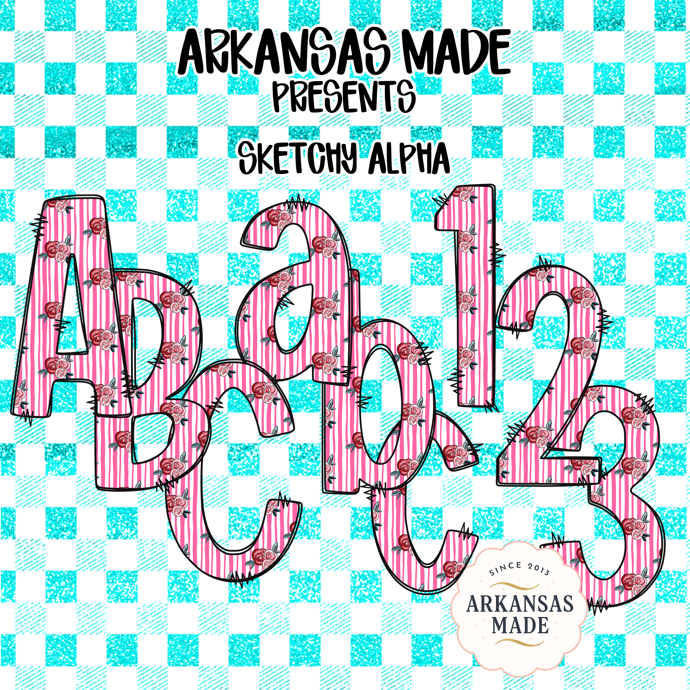 Sketchy Alpha Digital Download Set Pink Floral Stripes | PNG Letters & Numbers | Turquoise Gingham Sublimation Craft Font - Image 4