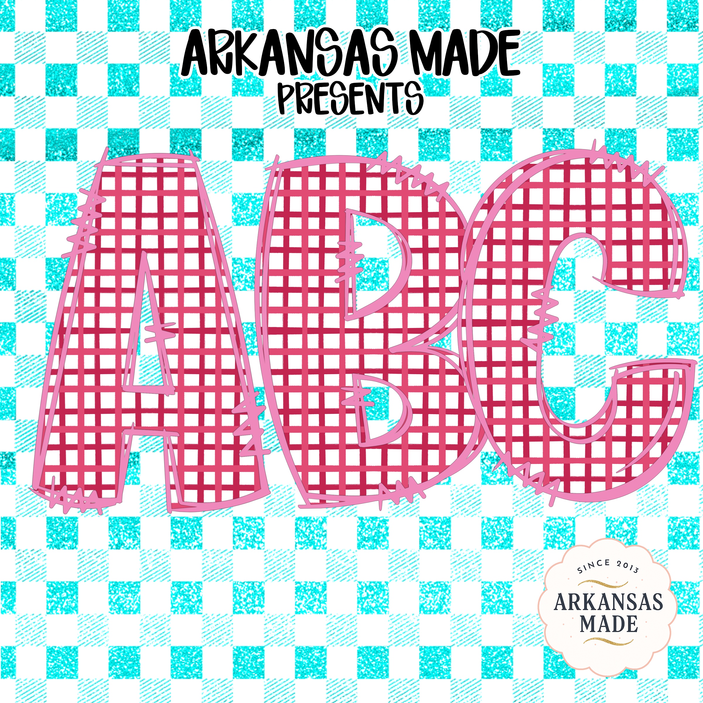 Pink Plaid Alphabet Digital Download, Full A-Z Alpha Sublimation DTF PNGs, Teal Glitter Checkerboard Letters, ABC Font Kit