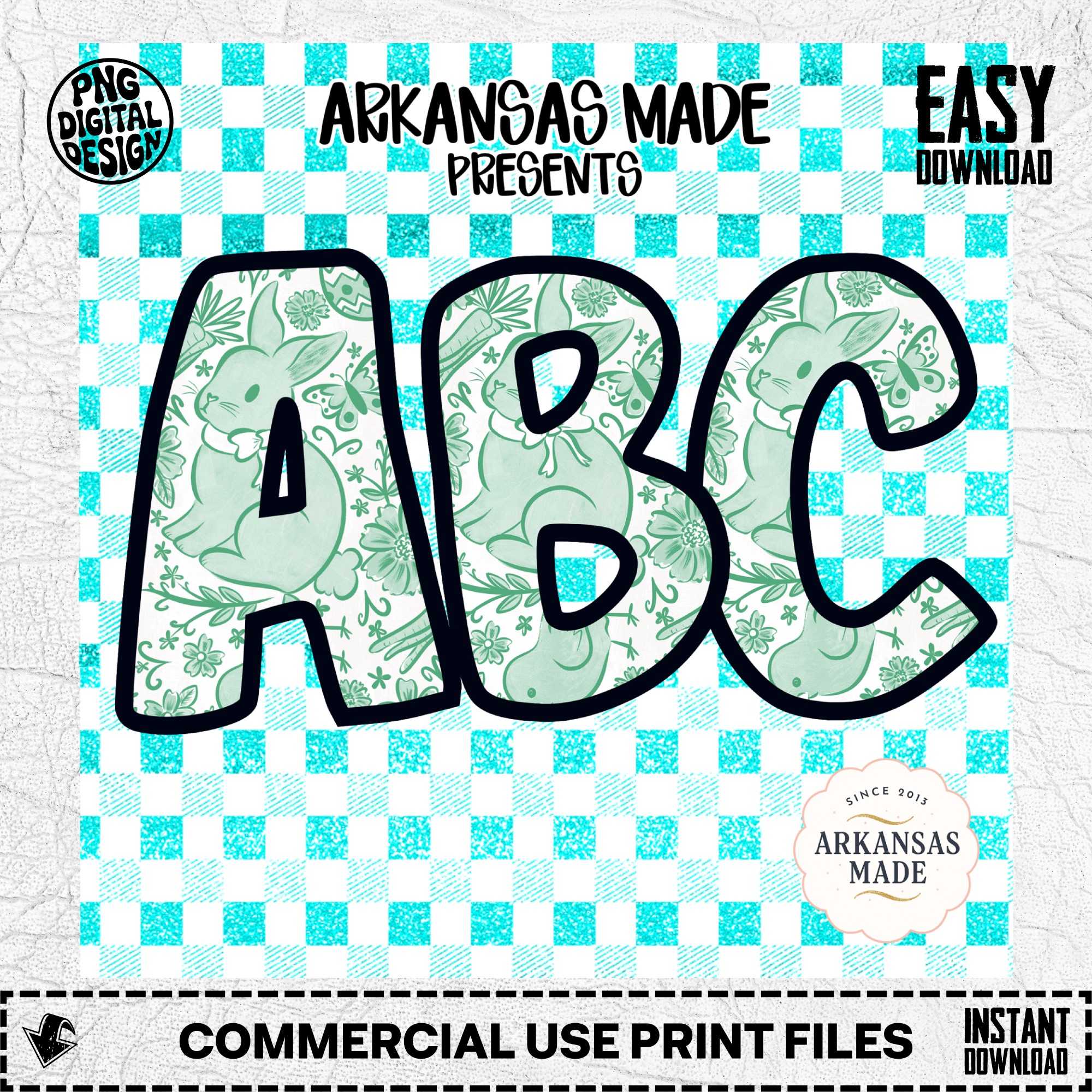 Teal Gingham Bunny ABC Alphabet, Easter Rabbit Full A-Z Digital Download, Sublimation DTF PNGs, Mint Spring Letters Pack - Image 2