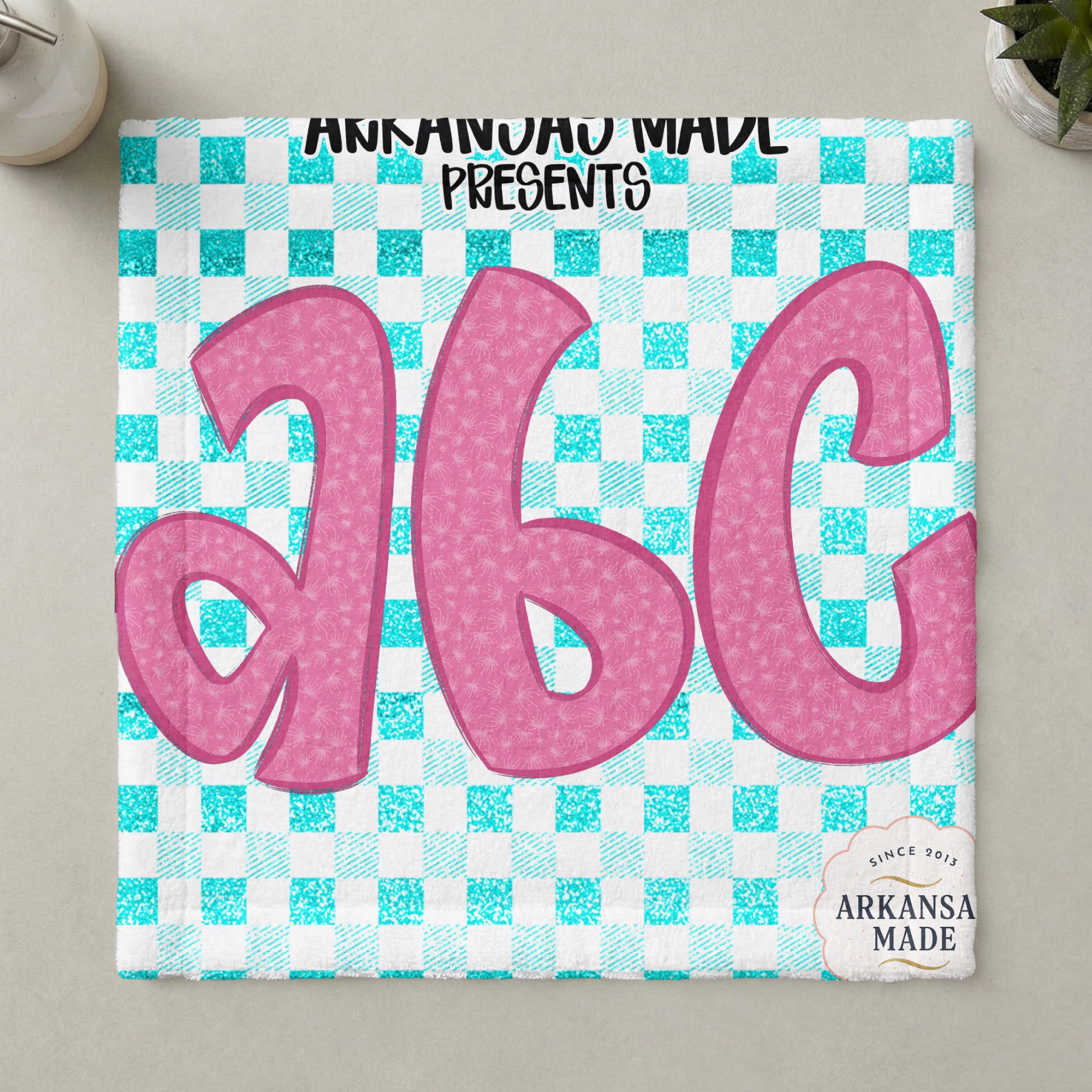 Pink Floral Glitter Alphabet, Teal Gingham Checkered A-Z, Digital Download, Sublimation DTF PNGs, Full Letter Set, Cute ABC Design - Image 6
