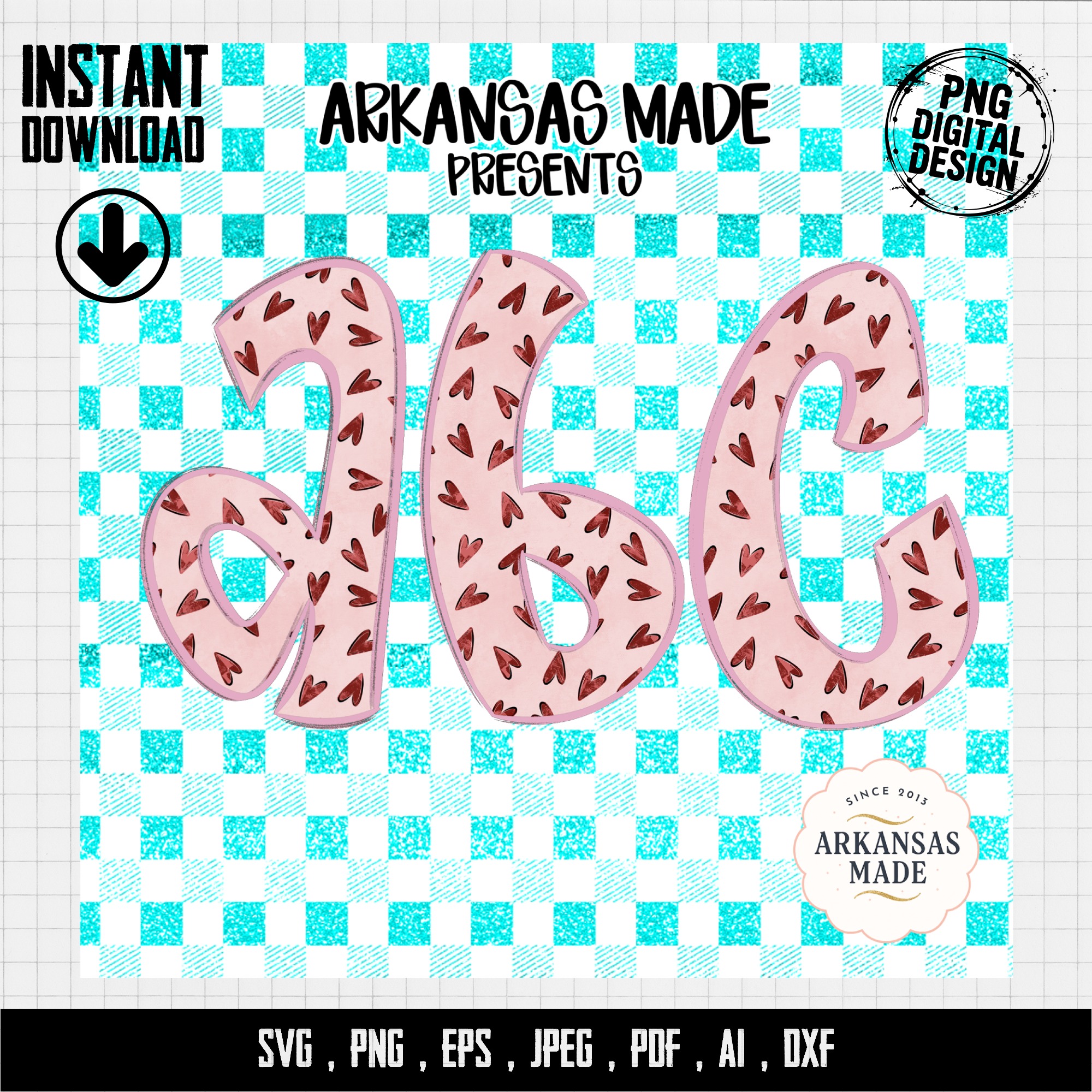 Pink Hearts Aqua Checkered Digital Alphabet PNGs, Full A-Z Alpha Letters, Sublimation DTF Digital Download for Crafts, Valentines, Cute Font - Image 4