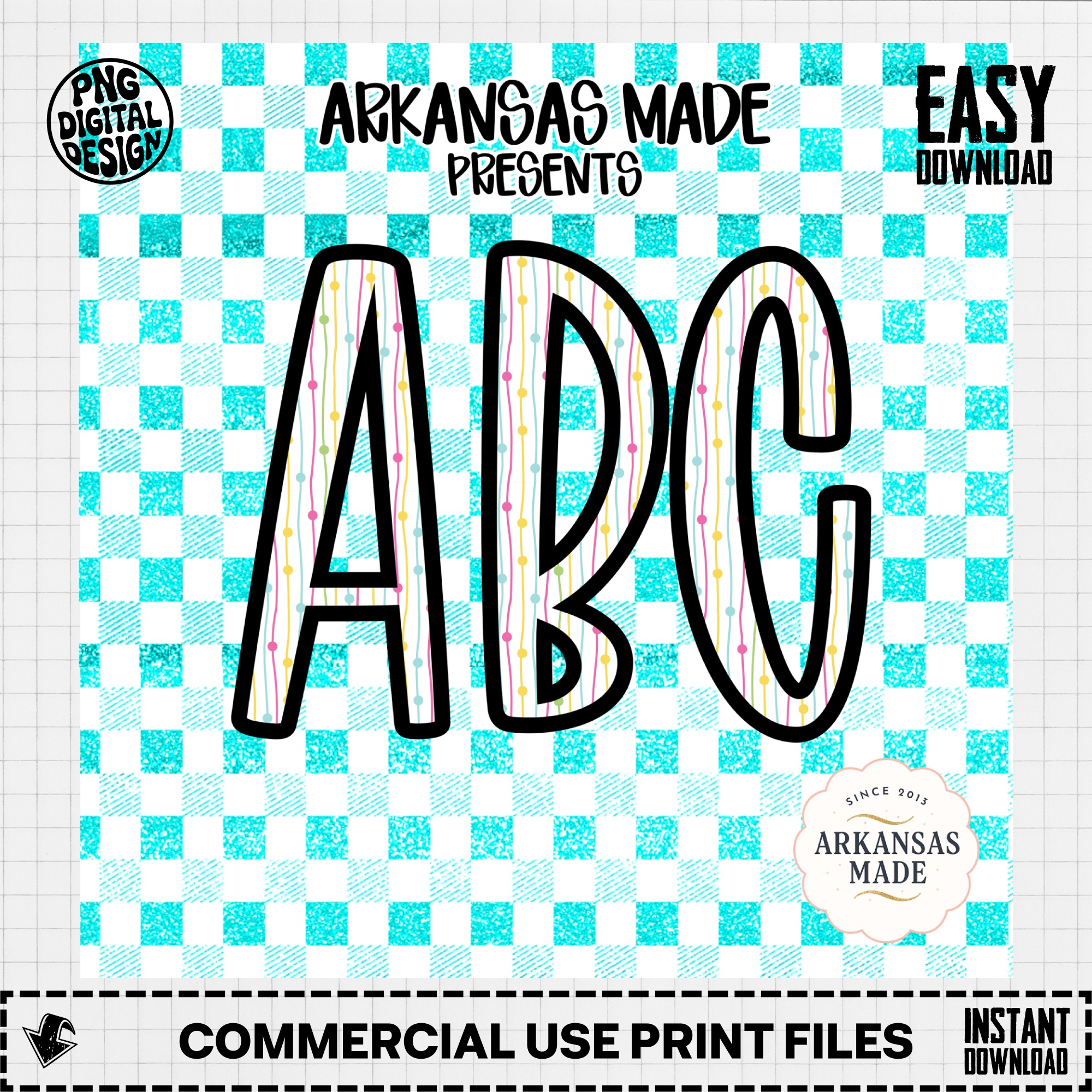 Digital Download Full A-Z Alpha, Glitter Teal Checkered Alphabet, Sublimation DTF PNGs, Colorful Striped Letters, ABC Print Set, Instant - Image 3