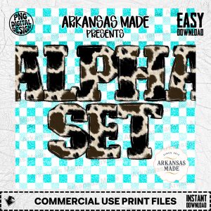 Cow Print Alpha Set Digital Download, Turquoise Glitter Plaid Letters PNG, Western Farmhouse Font, Sublimation Bundle, Craft Letters