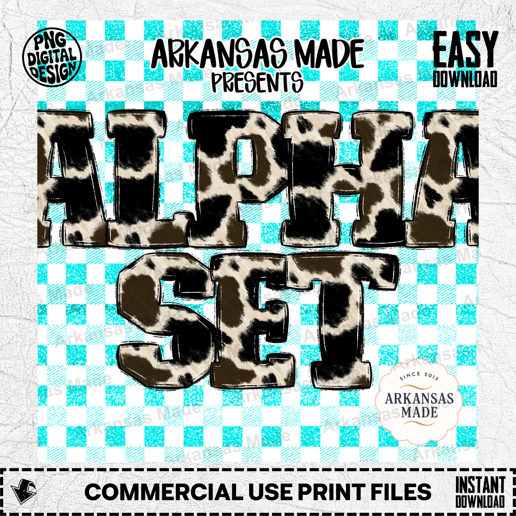 Cow Print Alpha Set Digital Download, Turquoise Glitter Plaid Letters PNG, Western Farmhouse Font, Sublimation Bundle, Craft Letters