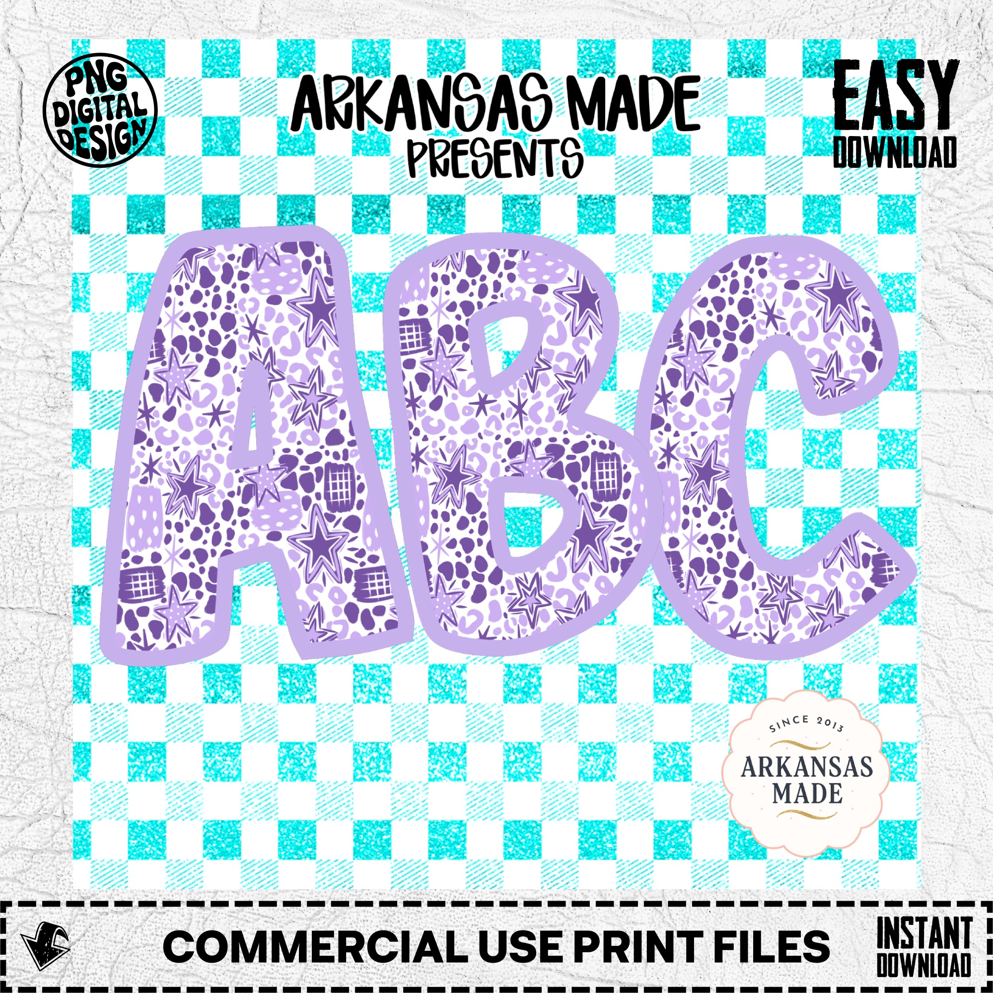 Purple Leopard Star Alphabet, Glitter Aqua Checkered Background, Digital Download Full A-Z Alpha, Sublimation DTF PNGs, Instant Art - Image 2
