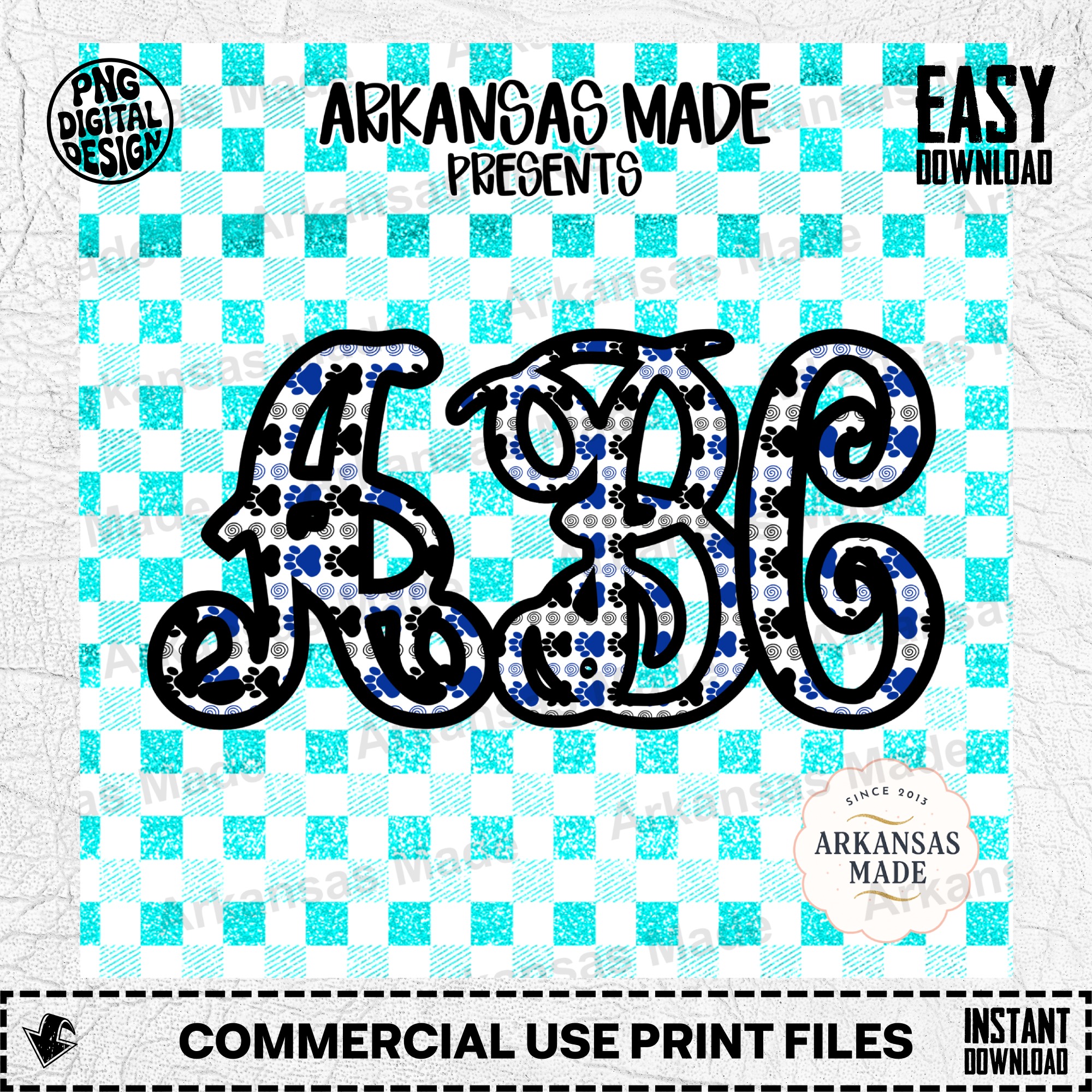 Blue Paw Print Letters Digital Download Alpha Set - Faux Glitter Gingham Monogram SVG PNG - Custom Initial Pet Lover