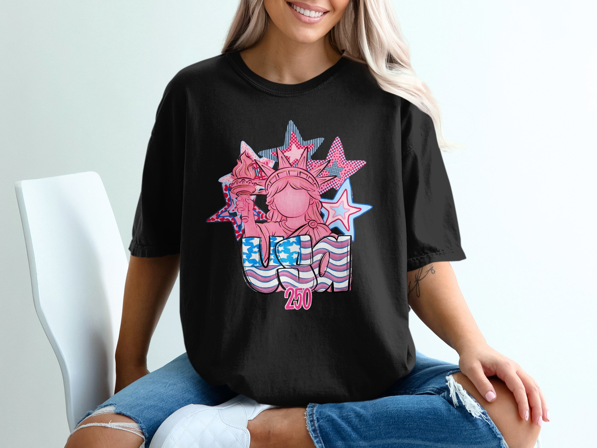 Modern Patriotic USA T-Shirt | Pink & Blue Lady Liberty Tee, 4th of July Shirt, Cute Americana Graphic Gift for Her - Image 2