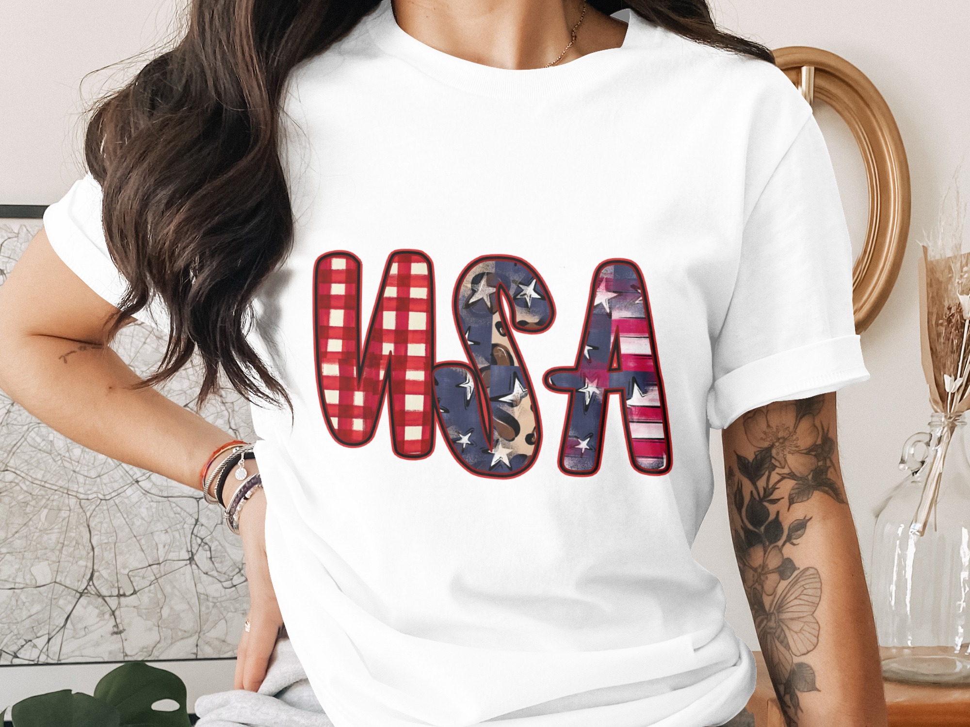 Distressed USA Patriotic T-Shirt, American Flag Tee, Boho Buffalo Plaid Leopard Print, 4th of July Outfit, Memorial Day Shirt, Rustic USA