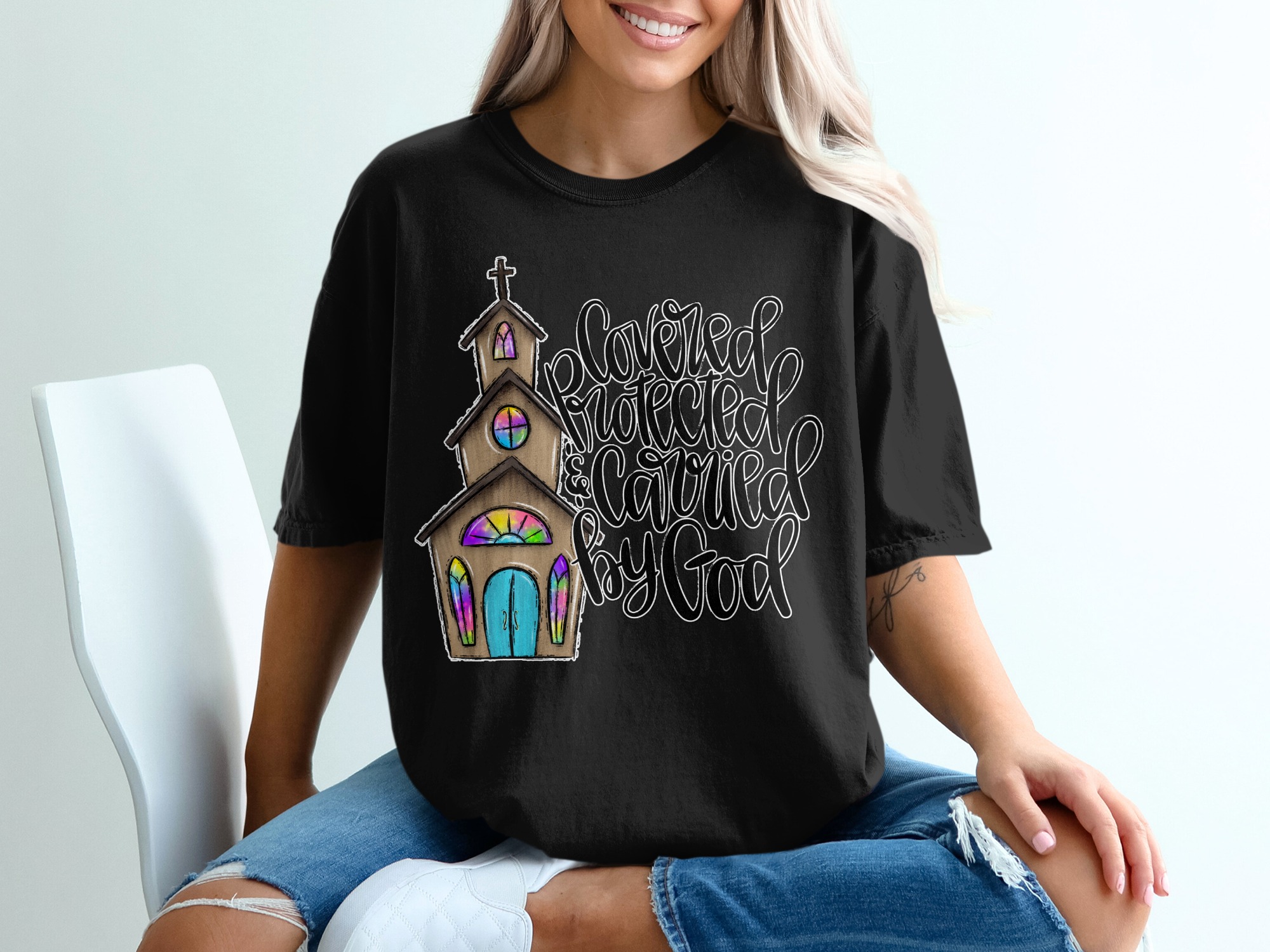 Covered Protected Carried By God T-Shirt, Christian Faith Church Tee, Religious Spiritual Gift, Inspirational Apparel for Women - Image 2