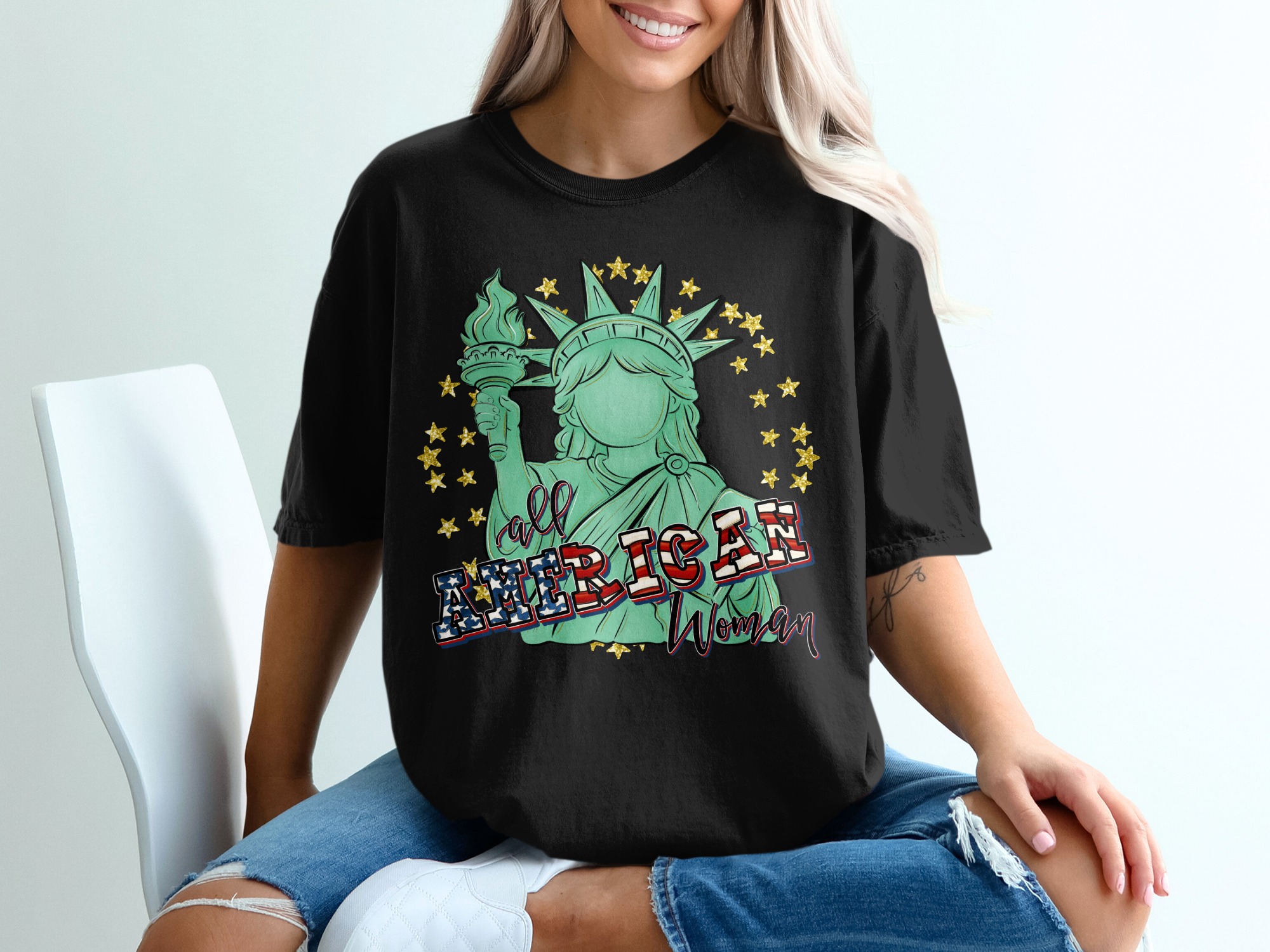 All American Woman T-Shirt, Patriotic Statue of Liberty Tee, Fourth of July Shirt for Her, American Pride Gift - Image 2