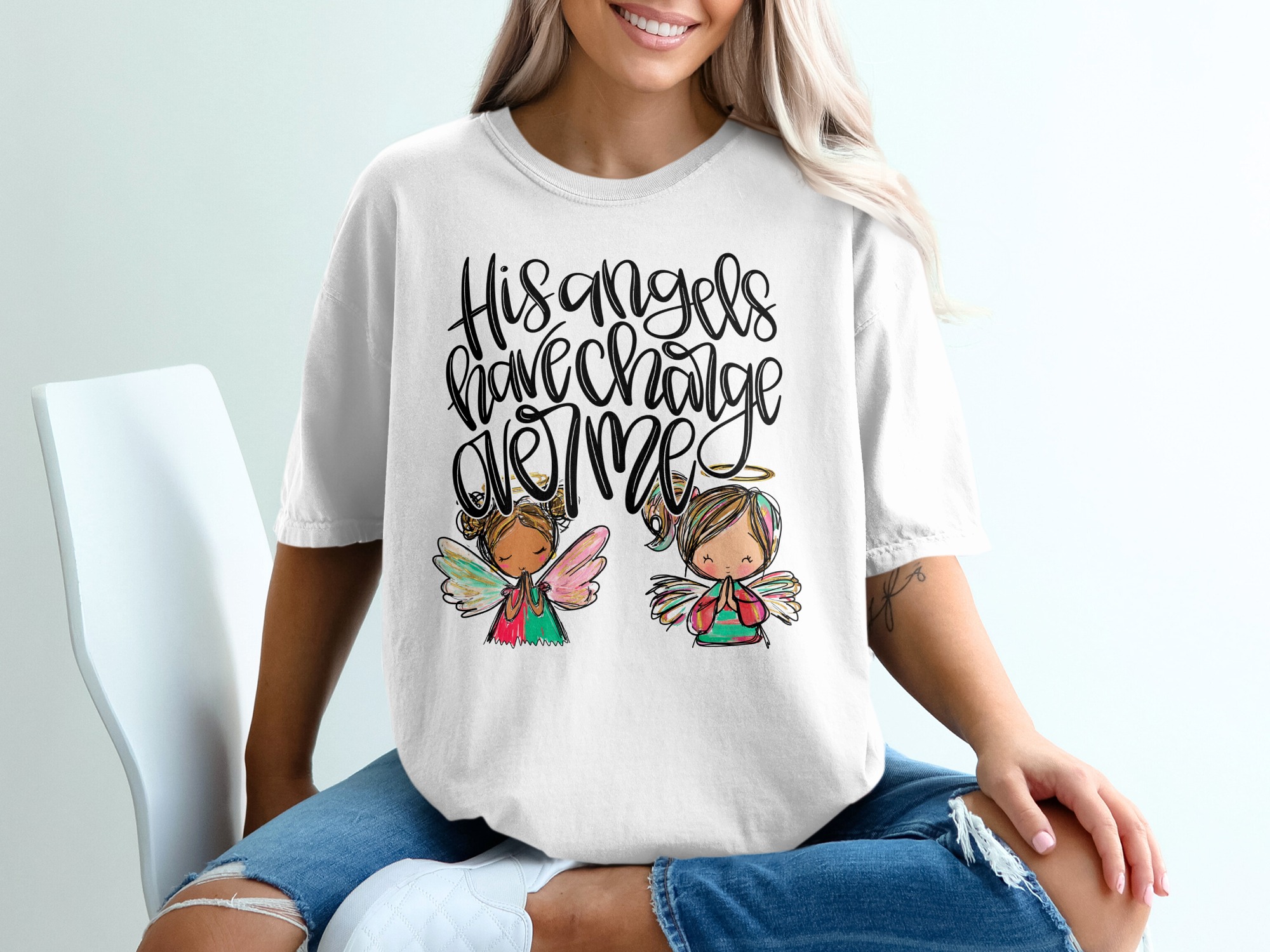His Angels Have Charge Over Me T-Shirt, Christian Faith Tee, Cute Angel Girls Shirt, Inspirational Religious Apparel, Spiritual Gift for Her
