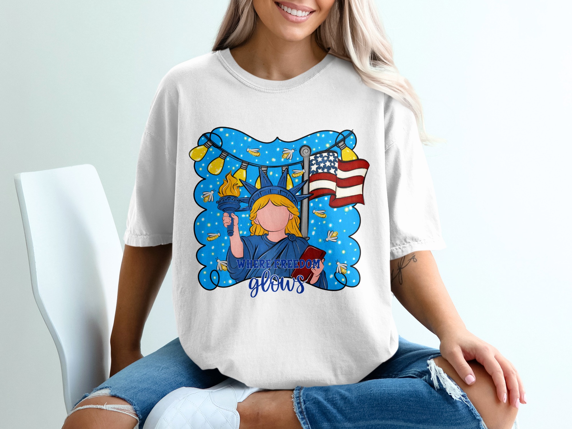 Patriotic T-Shirt | Fourth of July Freedom Glows Tee | Americana Statue of Liberty Shirt | Independence Day USA Gift
