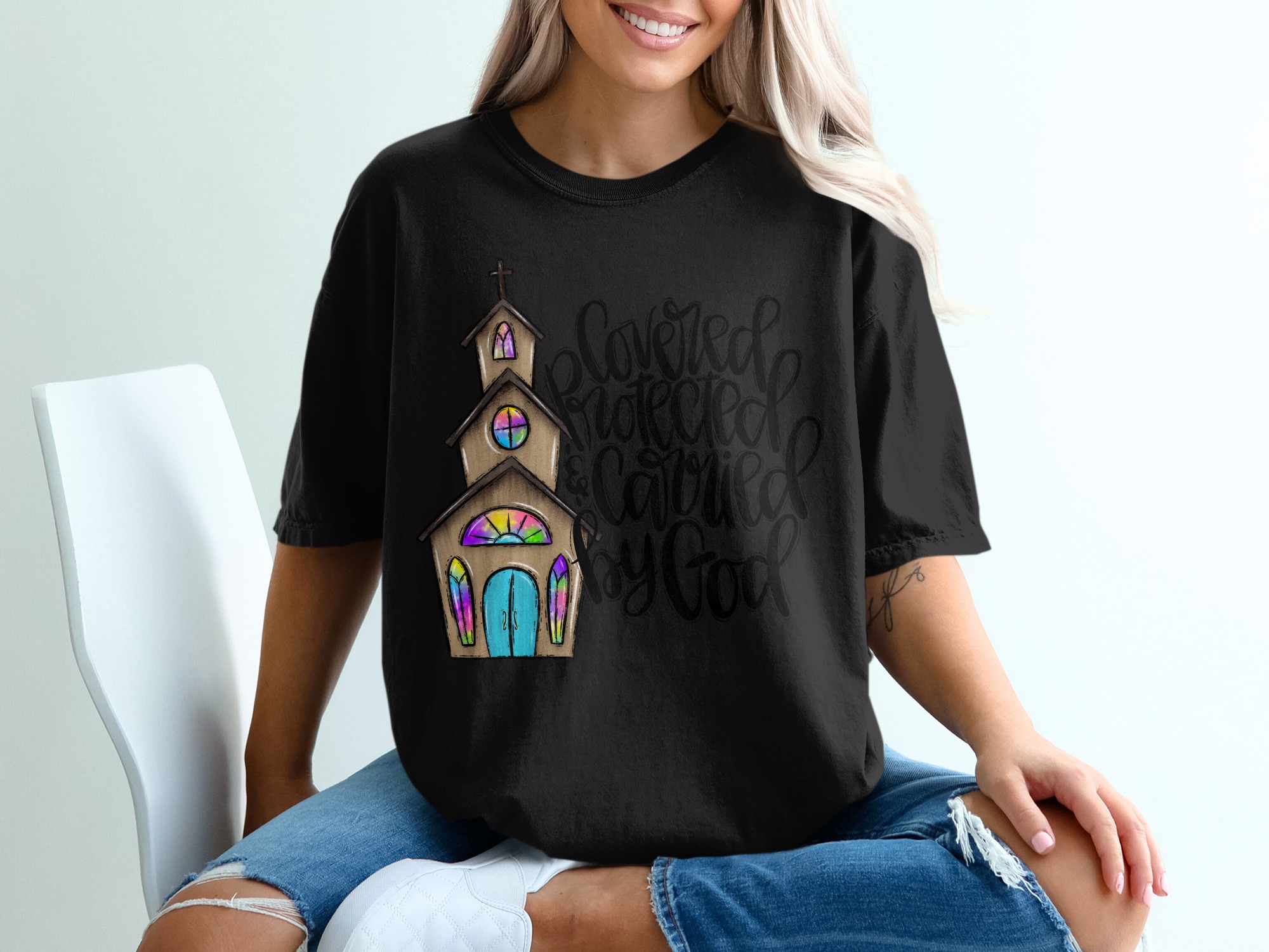 Covered Protected Carried by God Christian T-Shirt | Faith Based Church Tee | Inspirational Religious Gift for Her - Image 2