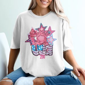 Modern Patriotic USA T-Shirt | Pink & Blue Lady Liberty Tee, 4th of July Shirt, Cute Americana Graphic Gift for Her