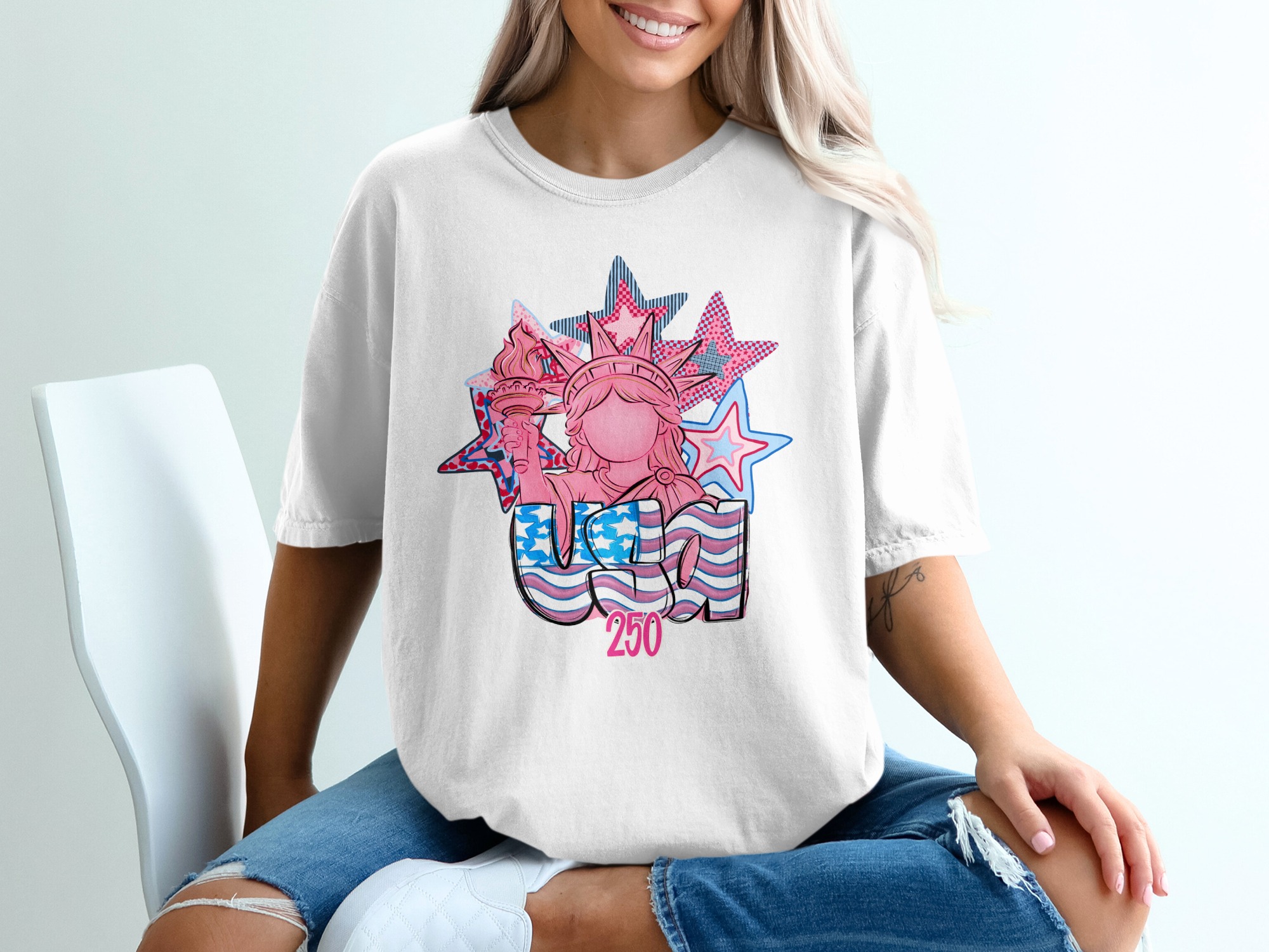 Modern Patriotic USA T-Shirt | Pink & Blue Lady Liberty Tee, 4th of July Shirt, Cute Americana Graphic Gift for Her