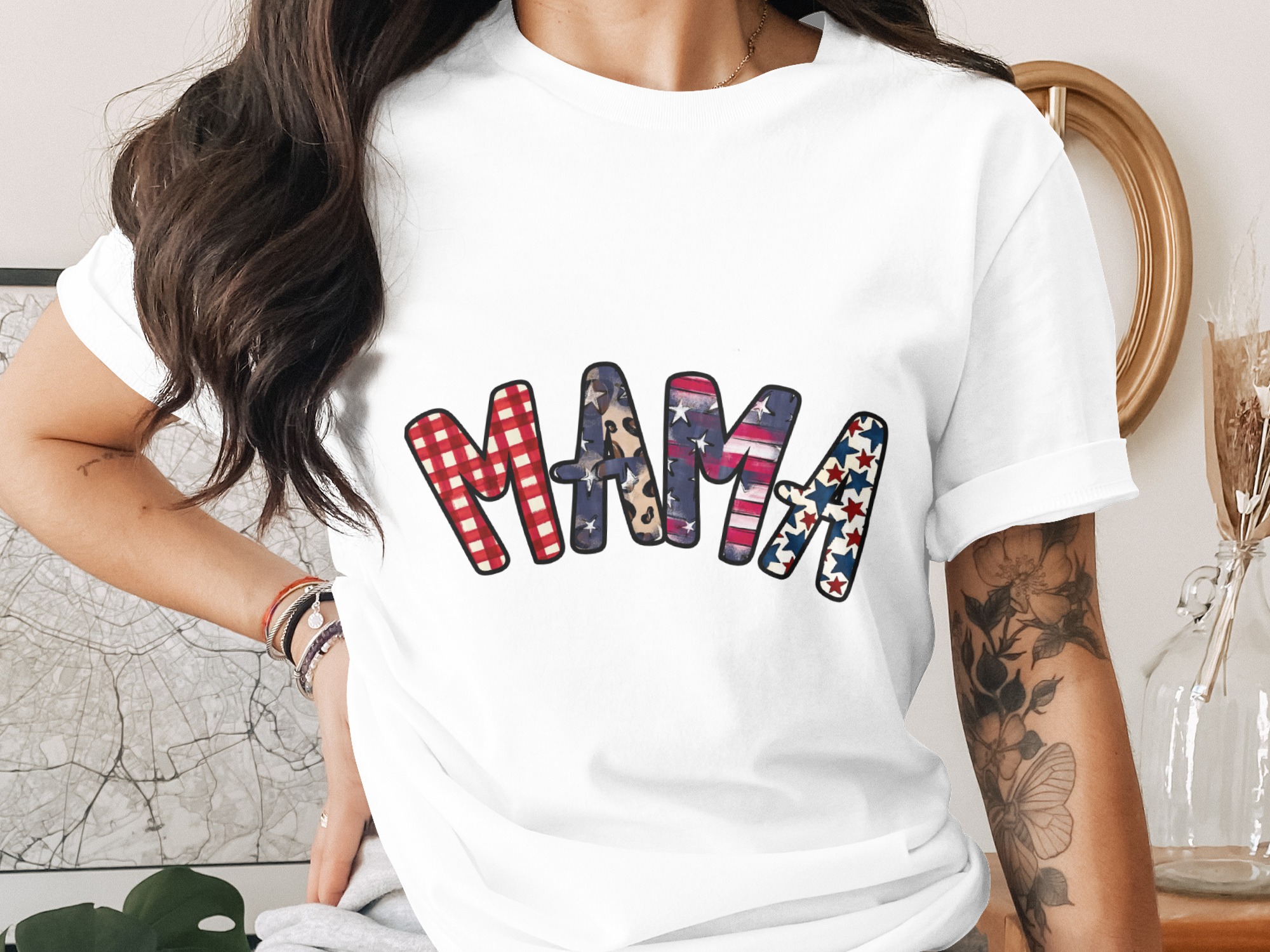 Patriotic Mama T-Shirt for Women, Distressed American Flag Gingham Leopard Print Mom Life Tee, Mother's Day Gift Idea