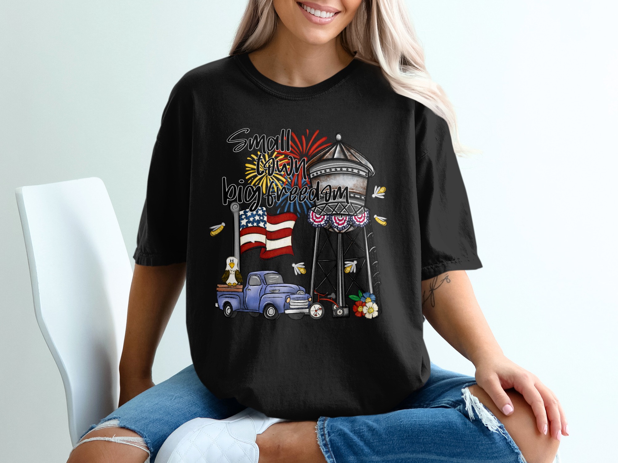 Small Town Big Freedom PNG Digital Design, Patriotic Sublimation File, 4th of July Rustic Americana Vintage Truck Water Tower Clipart - Image 2