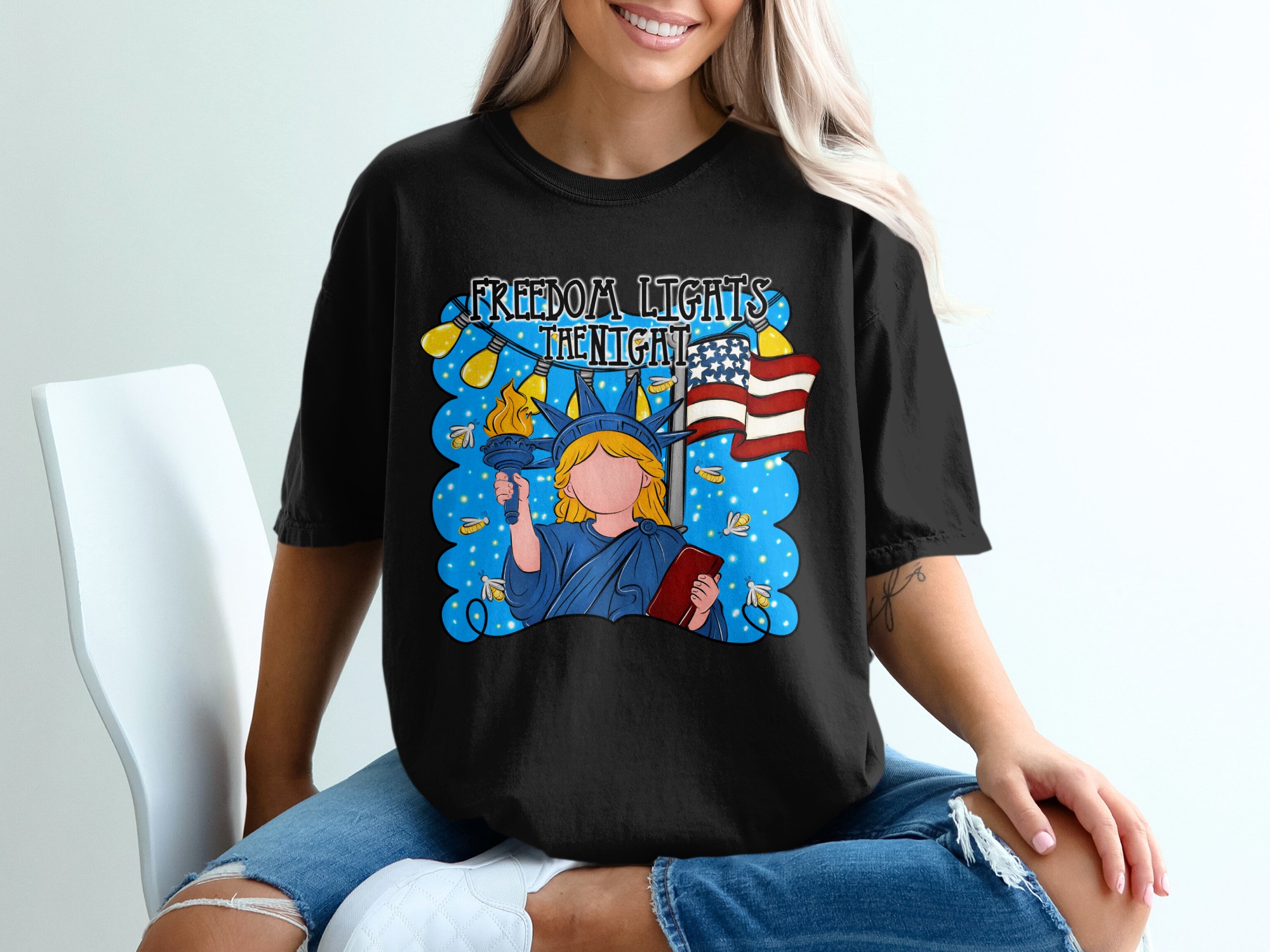 Freedom Lights The Night T-Shirt | Patriotic 4th of July Tee | Independence Day Celebration Top | Statue of Liberty USA Flag Shirt - Image 2