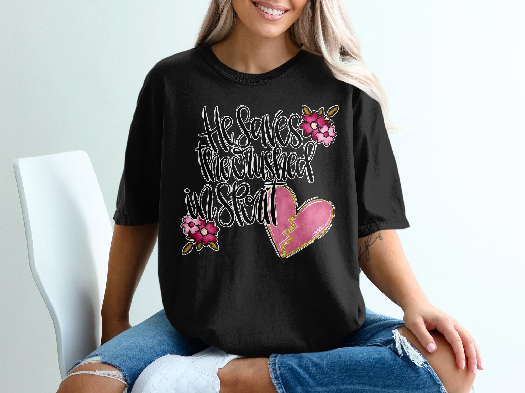 He Saves the Crushed in Spirit T-Shirt, Christian Faith Tee, Inspirational Broken Heart Comfort Shirt, Religious Spiritual Gift for Her - Image 2