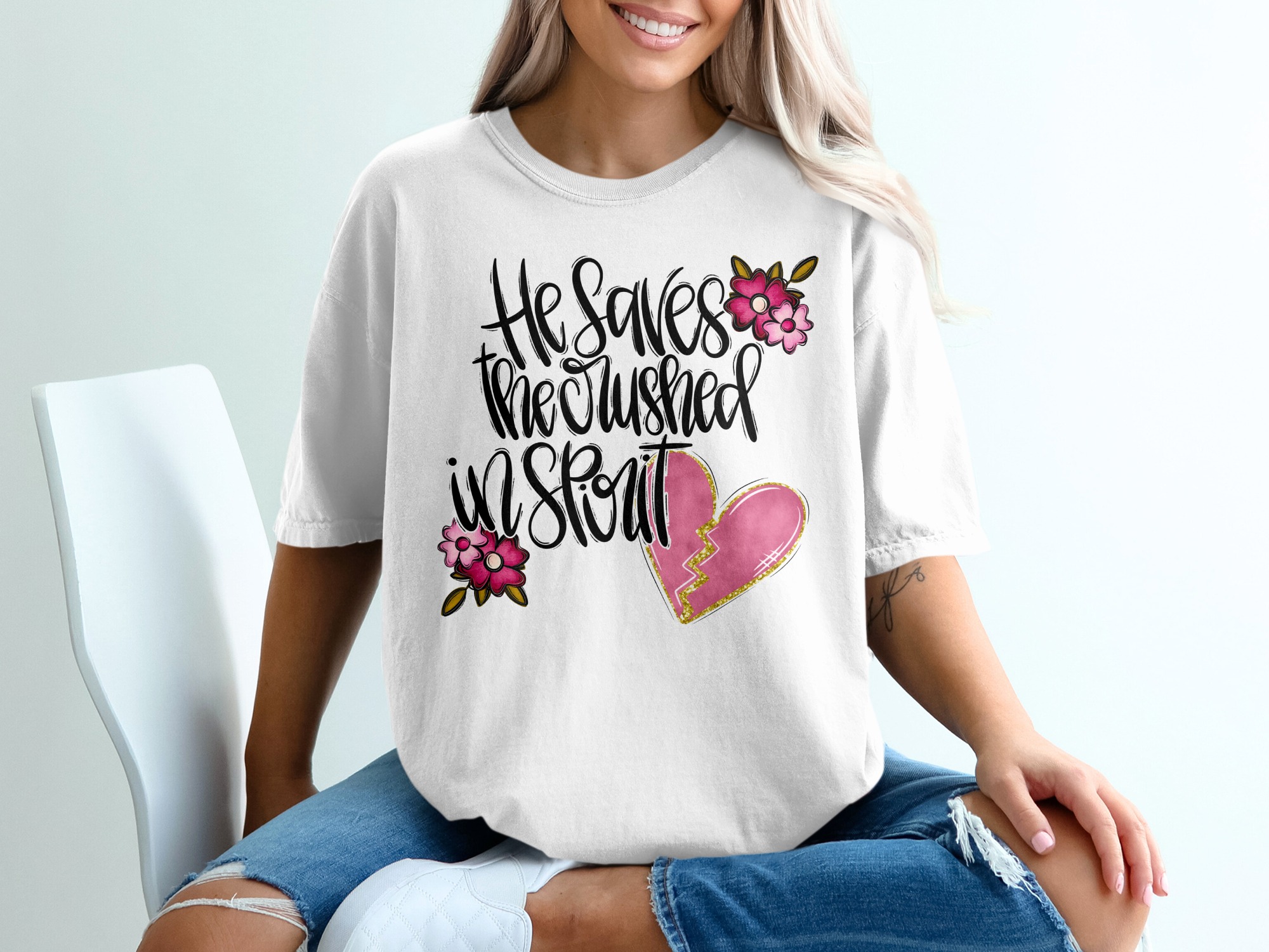 He Saves the Crushed in Spirit T-Shirt, Christian Faith Tee, Inspirational Broken Heart Comfort Shirt, Religious Spiritual Gift for Her