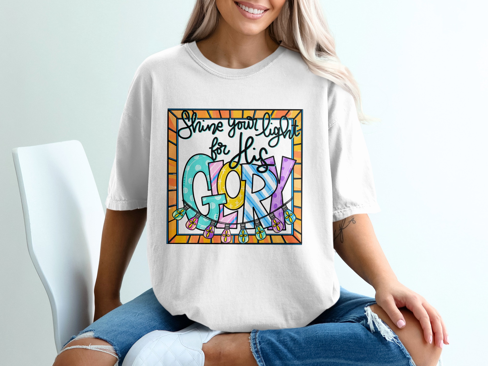 Shine Your Light For His Glory Christian T-Shirt, Inspirational Faith Tee, Faux Stained Glass Church Shirt, Religious Gift