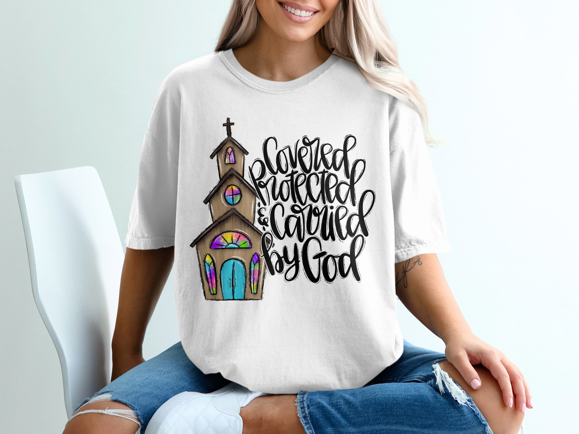 Covered Protected Carried By God T-Shirt, Christian Faith Church Tee, Religious Spiritual Gift, Inspirational Apparel for Women