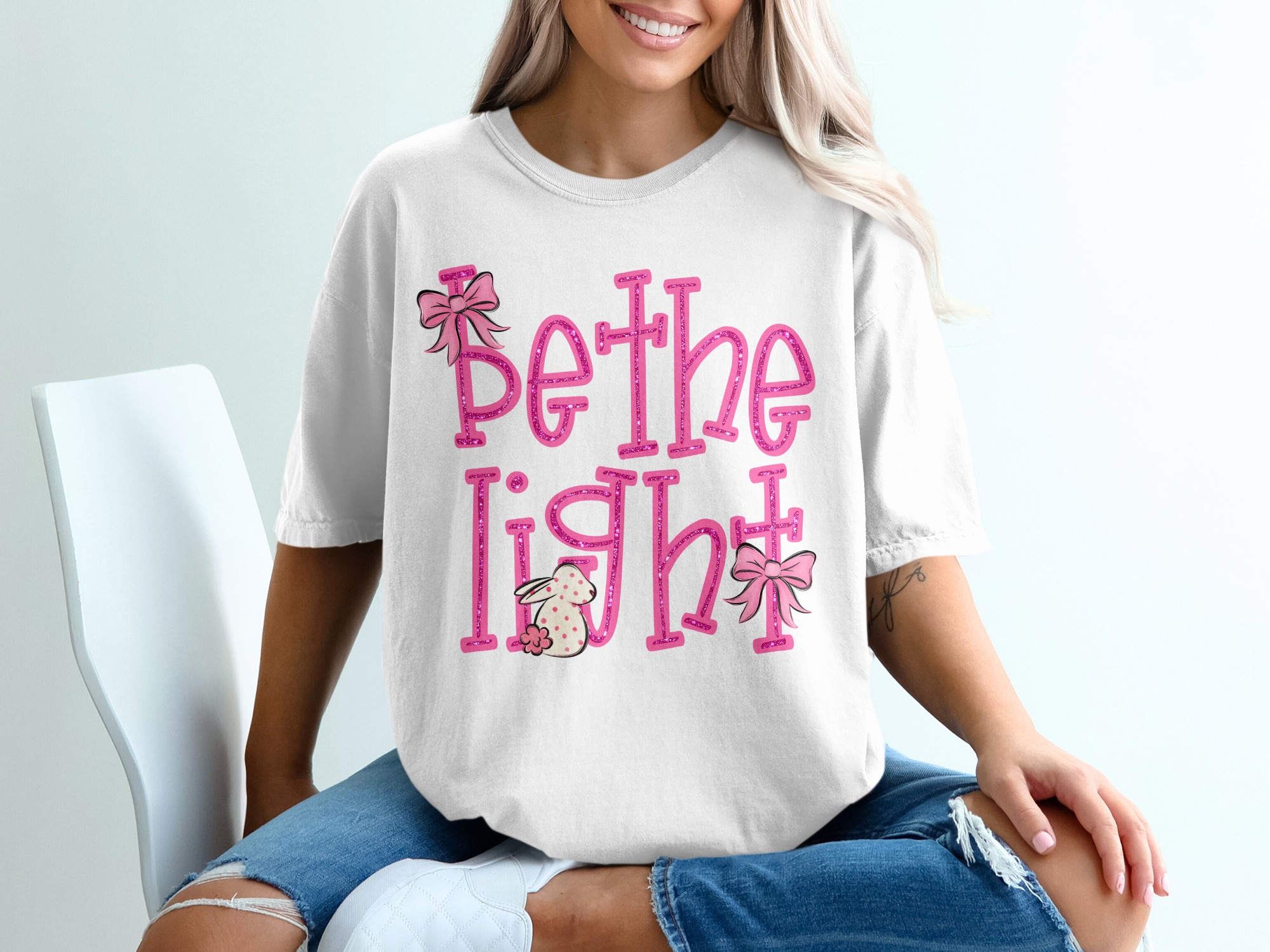 Be The Light T-Shirt, Faux Glitter Pink Bunny Shirt, Faith Based Christian Tee, Inspirational Positive Message Top, Cute Spring Easter Gift