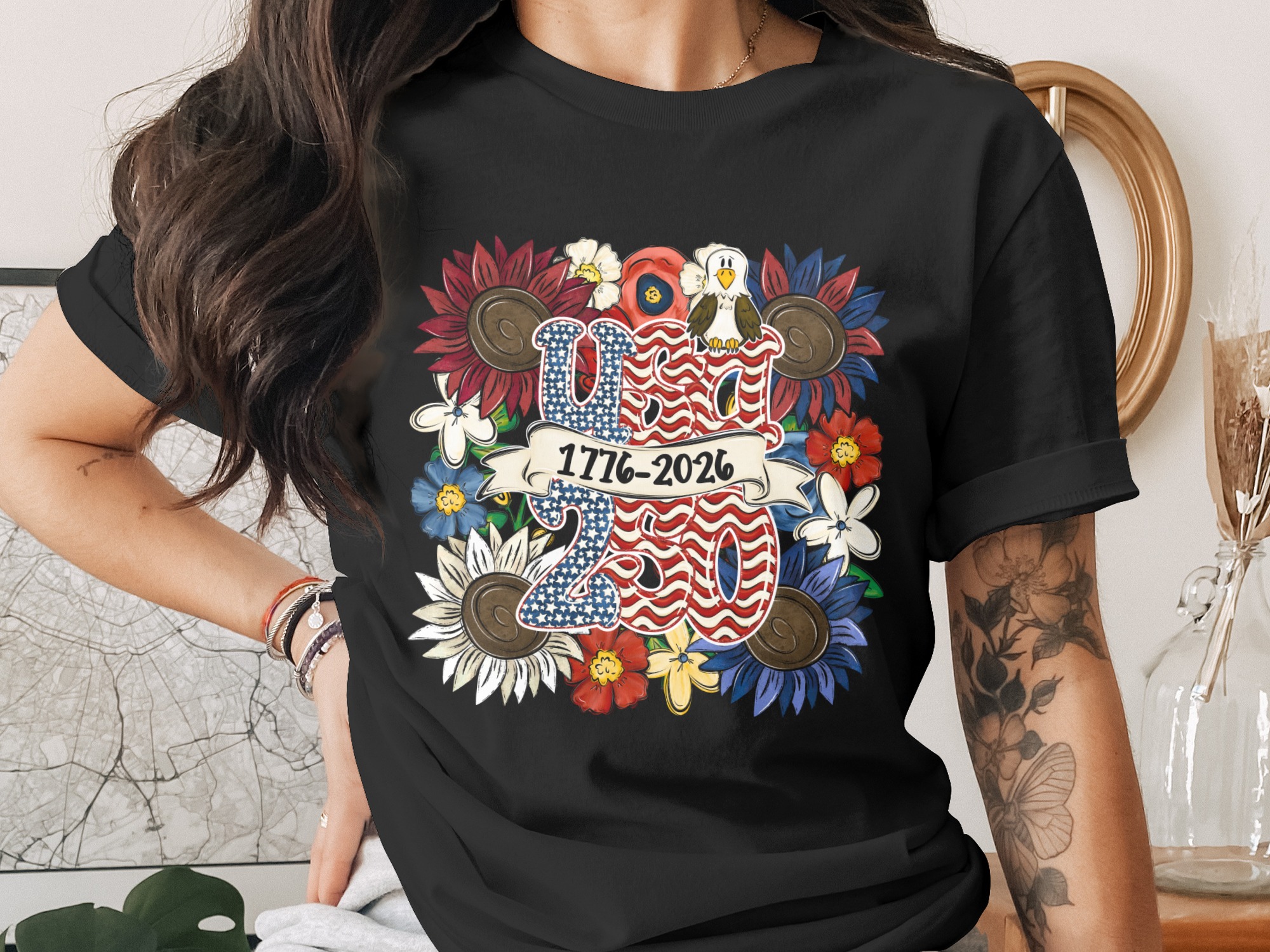 Patriotic USA Sunflower PNG Digital Download, 4th of July 1776-2026 Sublimation Design with Eagle & Flowers Clipart - Image 2