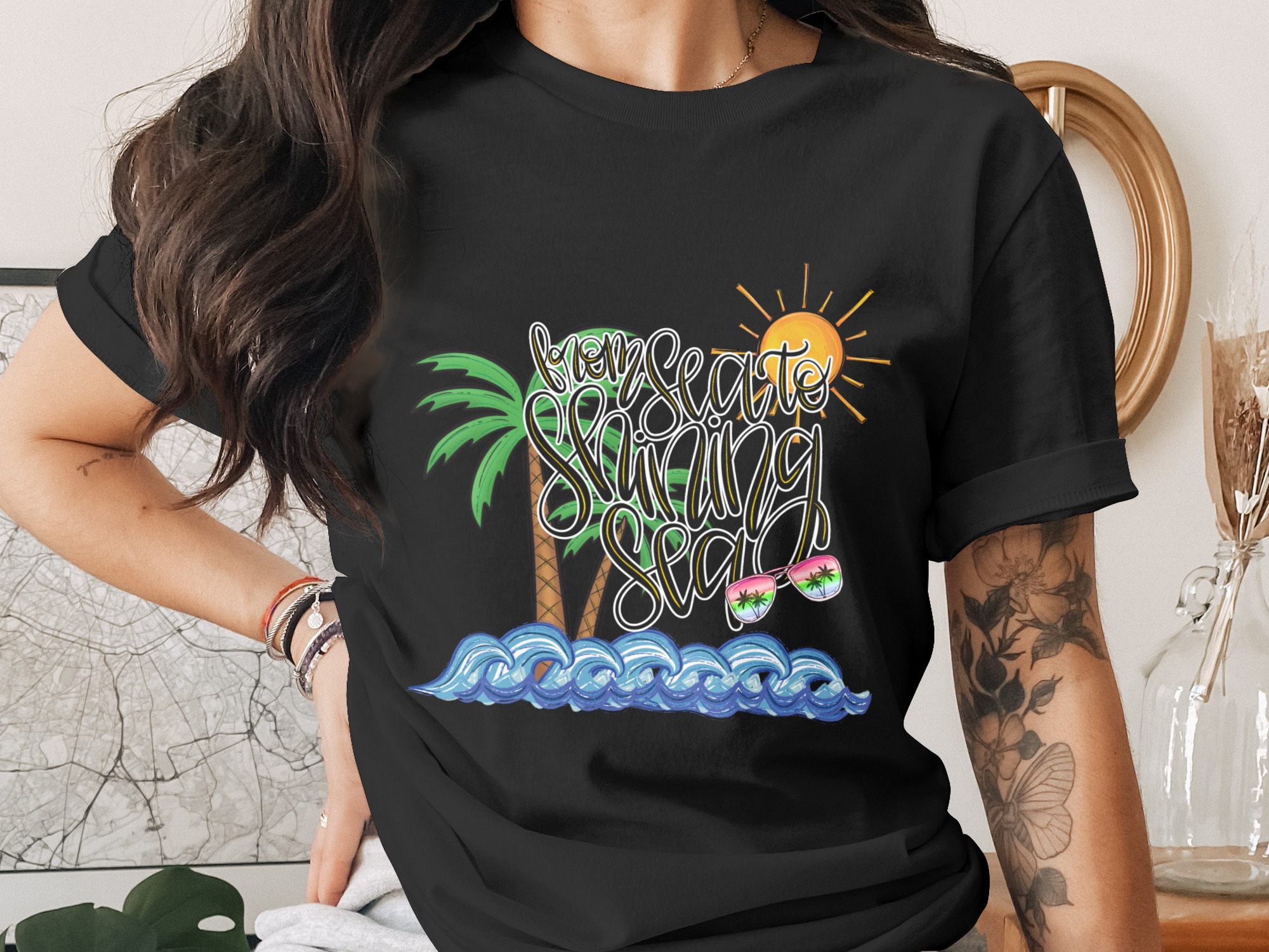 From Sea to Shining Sea Digital Design, Patriotic Summer Beach PNG, Tropical Vacation Sublimation Clipart, Palm Trees Sun Waves Instant - Image 2