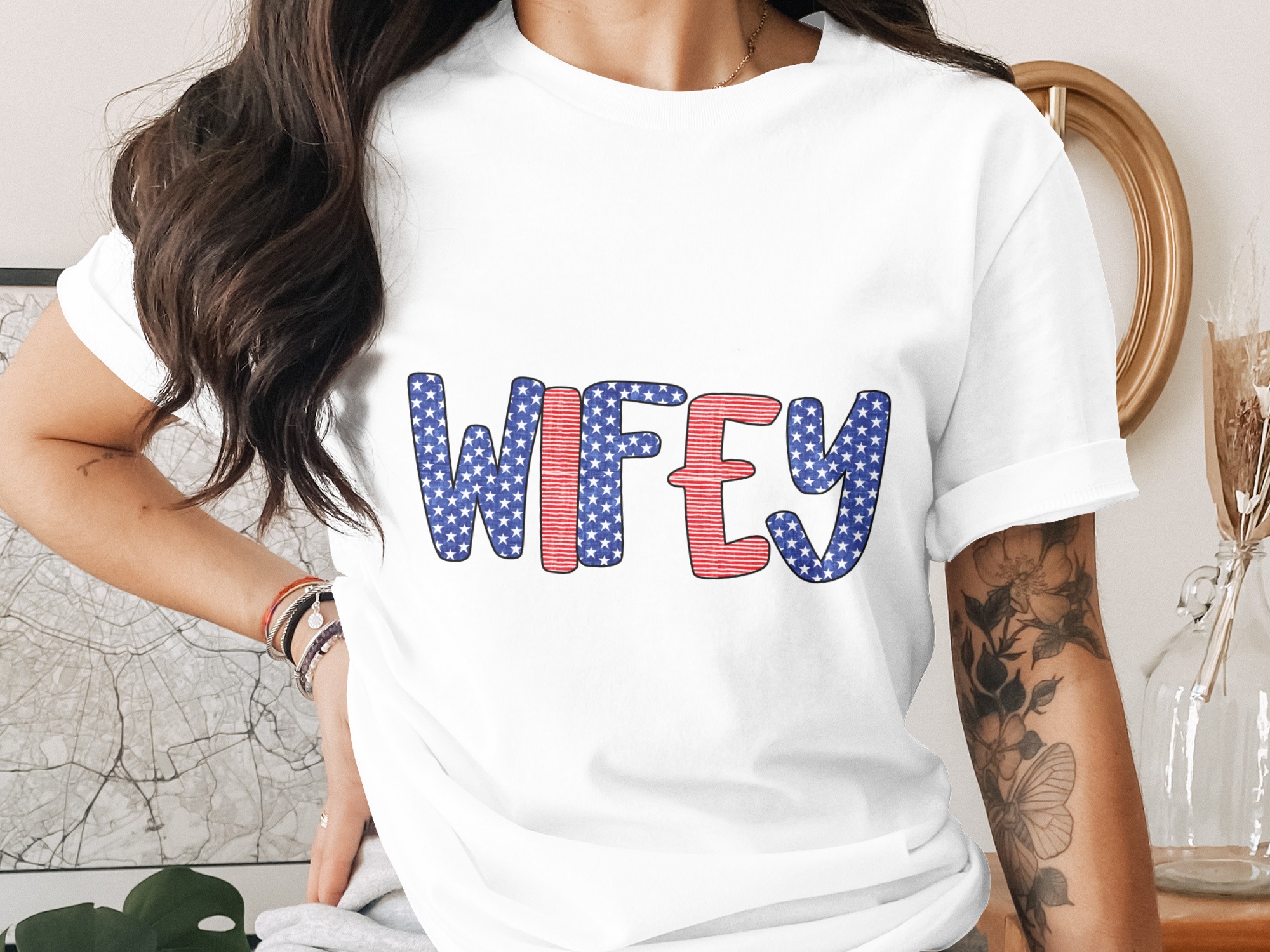 Patriotic Wifey Digital PNG Design, American Flag Wifey Sublimation Graphic, USA Stars Stripes Wife Gift Digital File