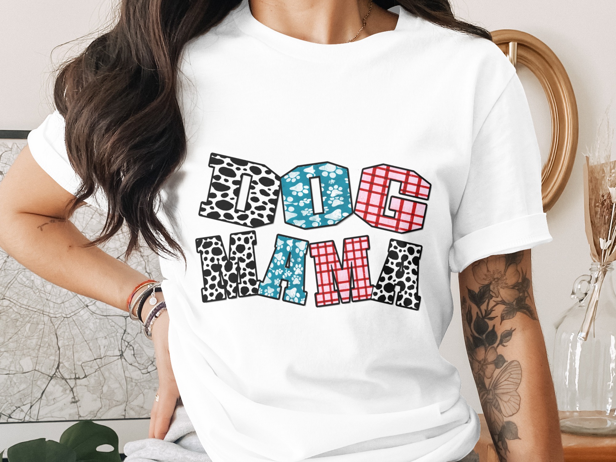Dog Mama SVG PNG Digital Download, Paw Print Dalmatian Plaid Dog Mom Shirt Design, Pet Lover Gift Graphic File