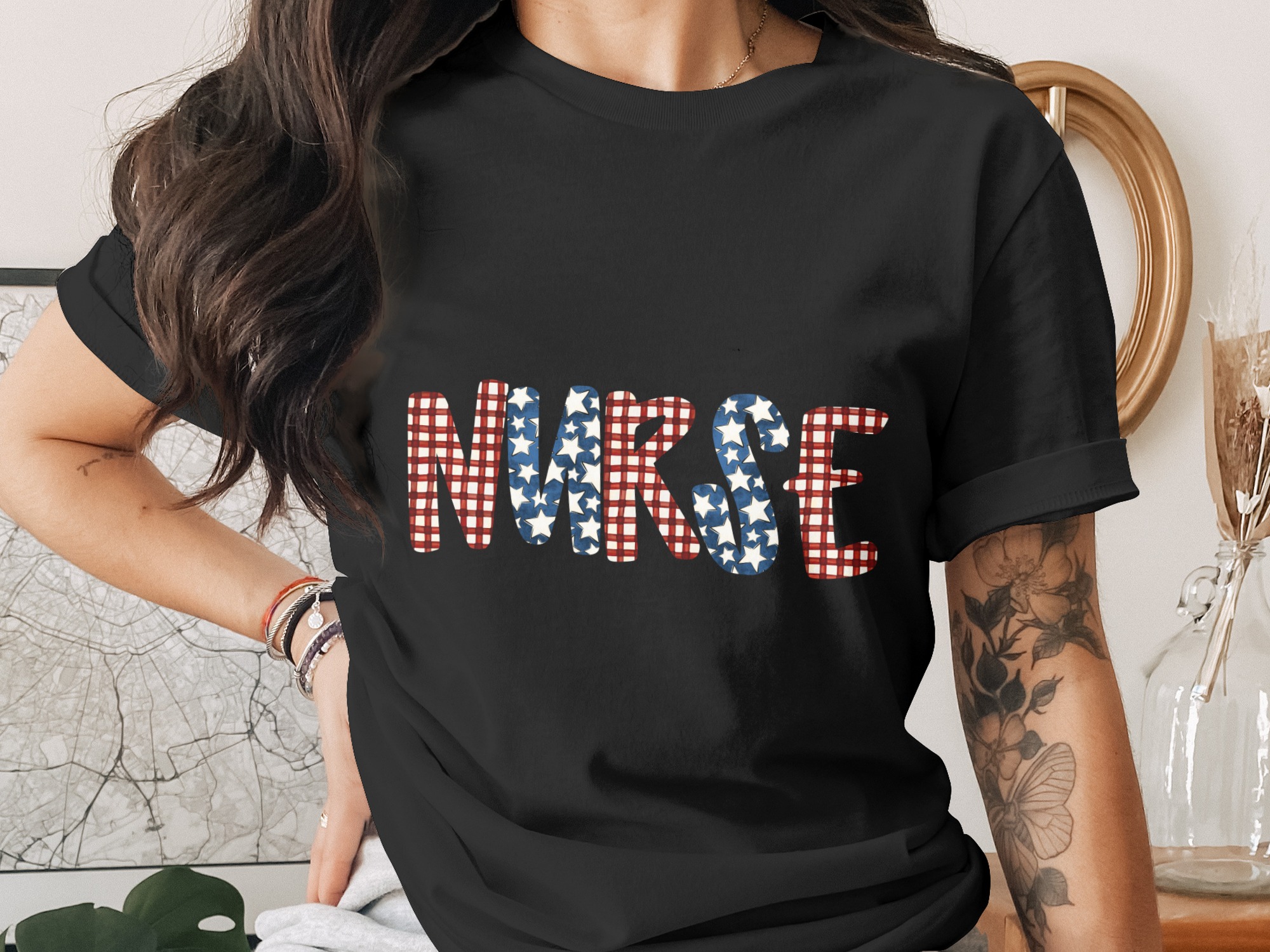 Nurse Digital Design PNG, Patriotic Nurse Sublimation, American Flag Nurse Shirt PNG, Healthcare Hero Gift, Plaid Star Nurse Download - Image 2