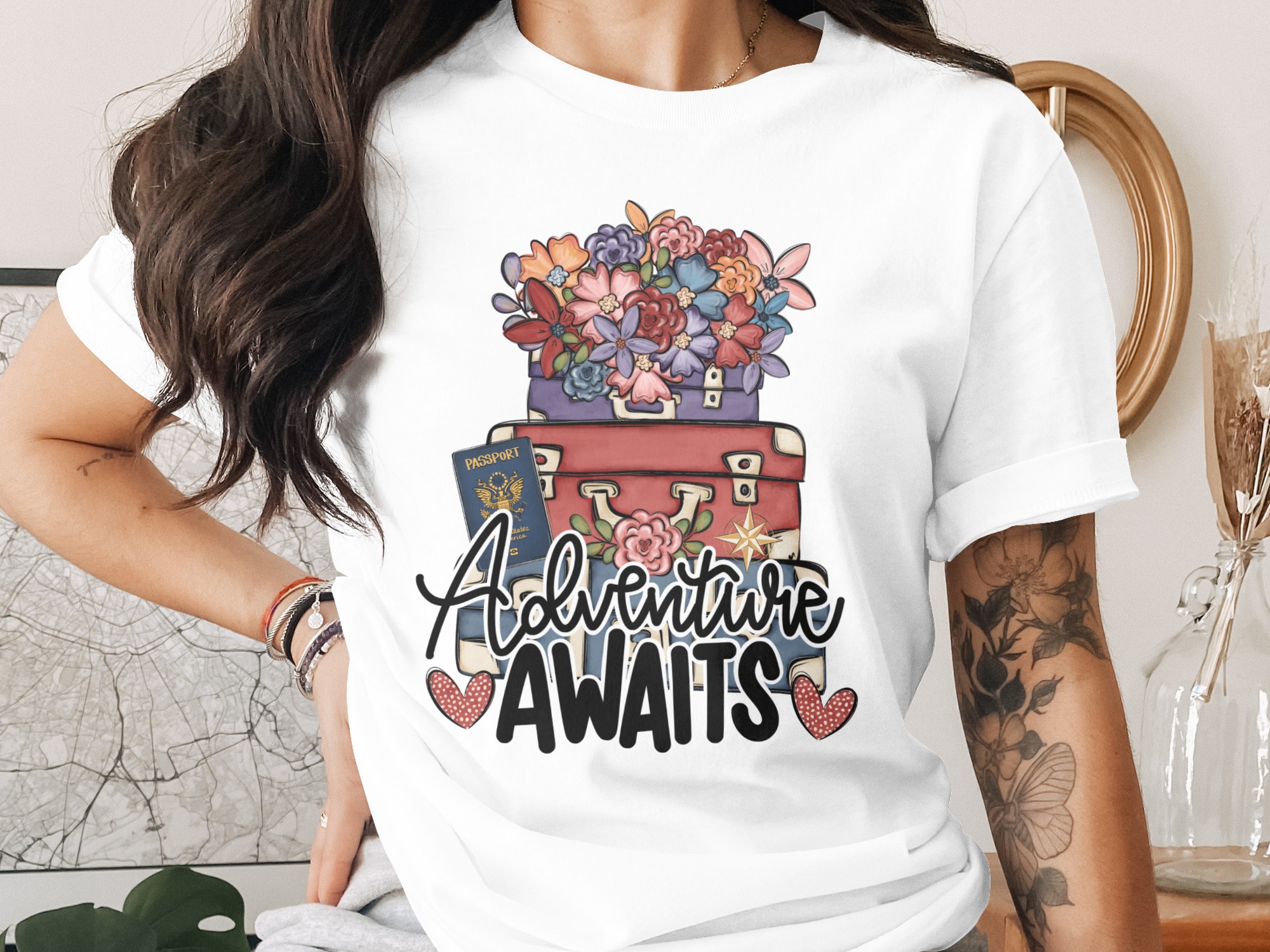 Adventure Awaits Digital Design, Travel PNG, Wanderlust Clipart, Floral Suitcase SVG, Traveler Gift Graphic File
