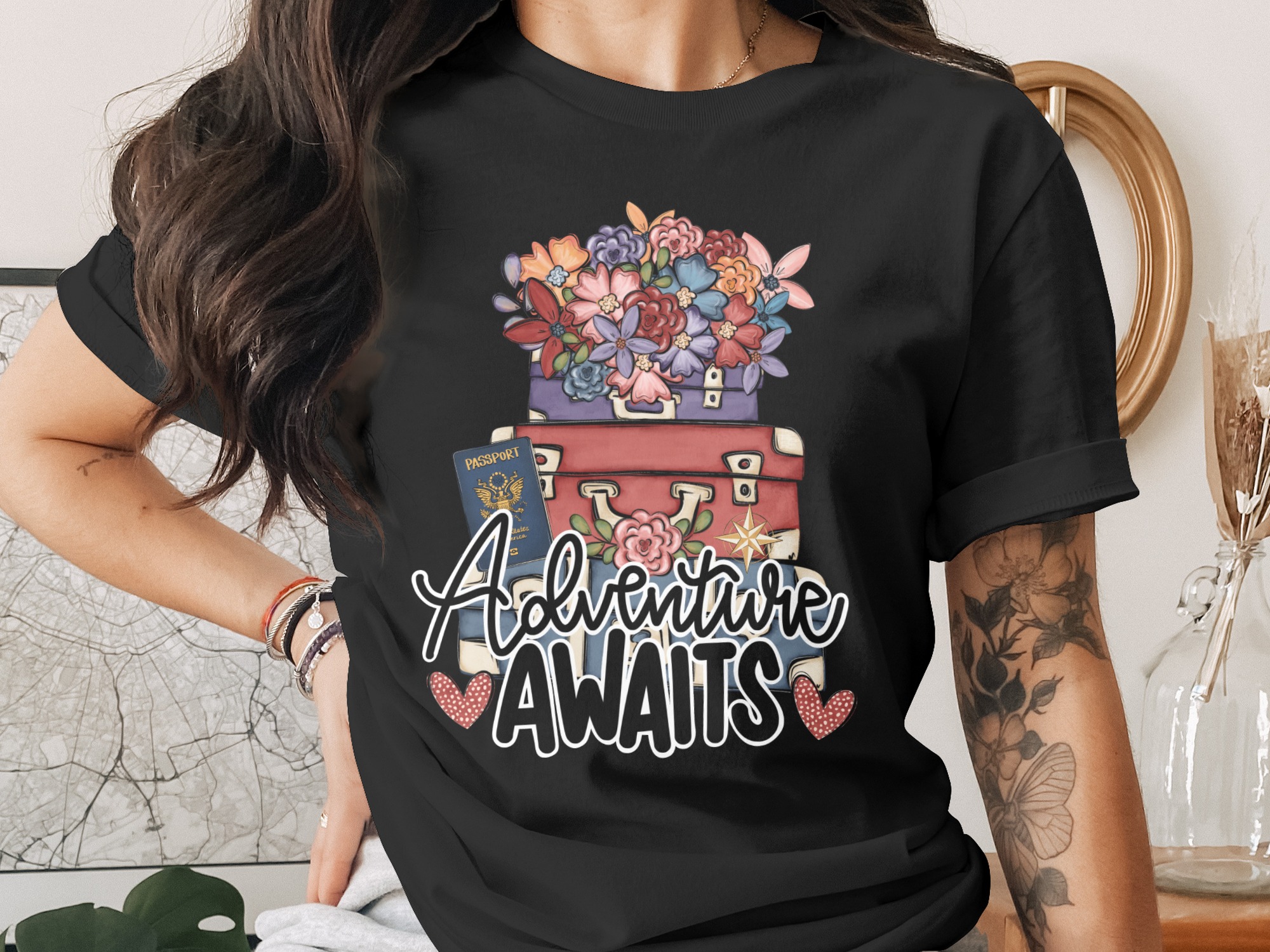Adventure Awaits Digital Design, Travel PNG, Wanderlust Clipart, Floral Suitcase SVG, Traveler Gift Graphic File - Image 2