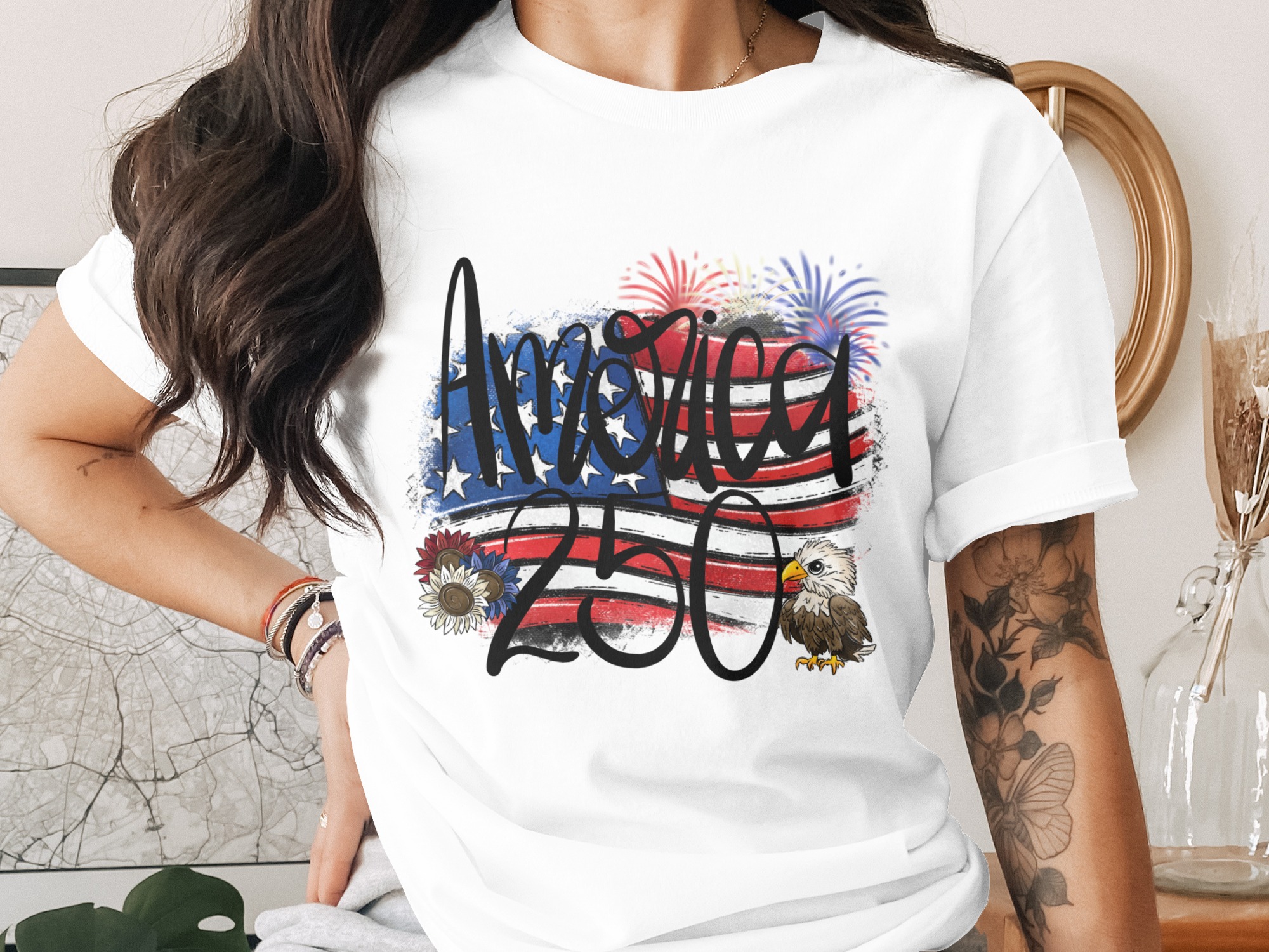 America 250 Patriotic Digital PNG, 4th of July Sublimation, Distressed USA Flag Eagle Sunflower Design Instant Download