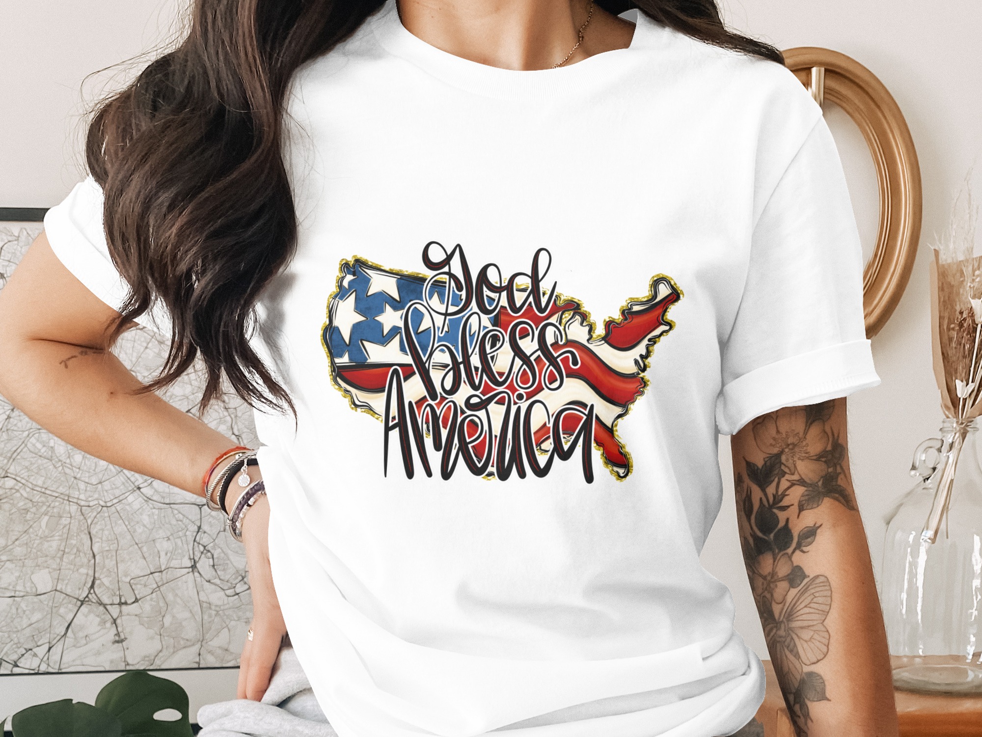 God Bless America Digital Design, Patriotic American Flag USA Map PNG for 4th of July Sublimation, Independence Day Gift