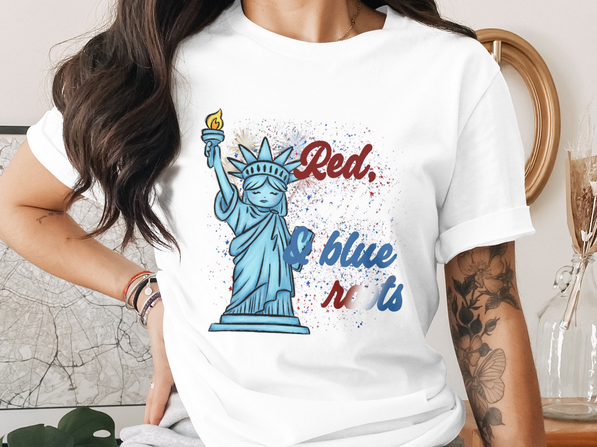 Patriotic Statue of Liberty Digital Design, Red White Blue Roots PNG for 4th of July, American Pride Sublimation Clipart