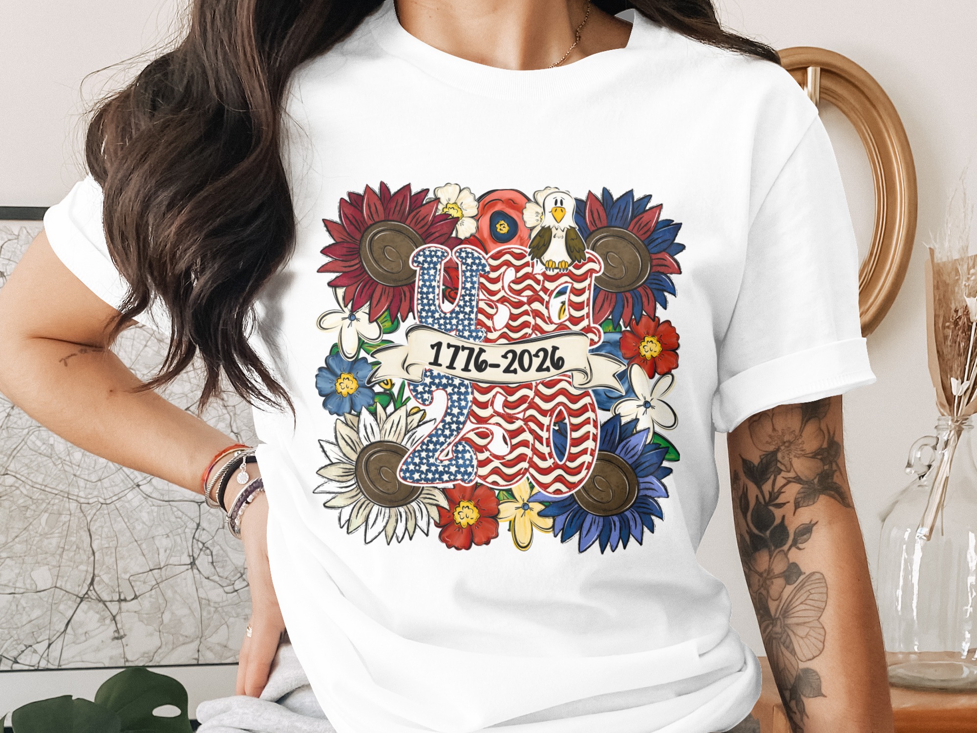 Patriotic USA Sunflower PNG Digital Download, 4th of July 1776-2026 Sublimation Design with Eagle & Flowers Clipart