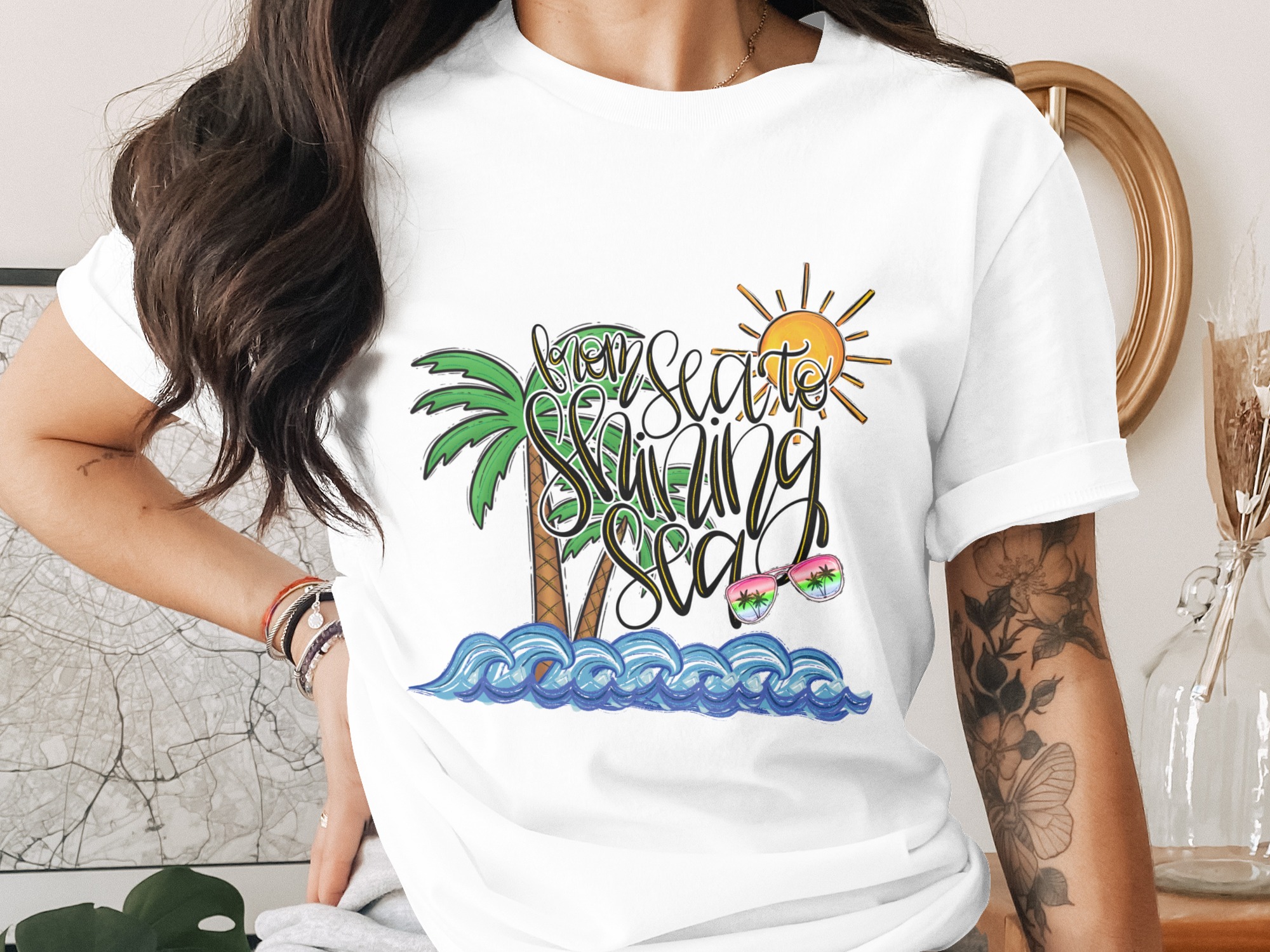 From Sea to Shining Sea Digital Design, Patriotic Summer Beach PNG, Tropical Vacation Sublimation Clipart, Palm Trees Sun Waves Instant