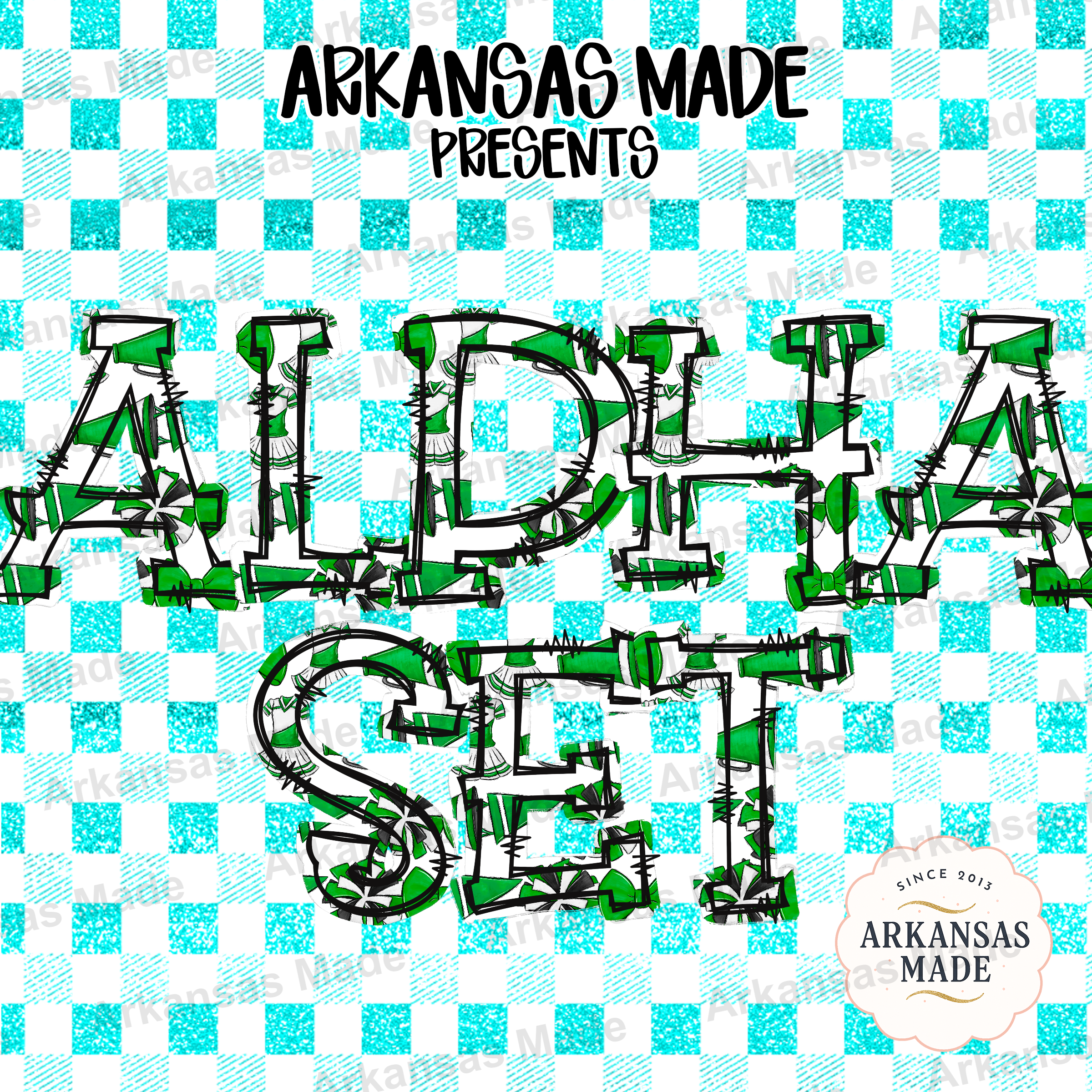Cheerleader Alpha Set PNG, Green Varsity Letters, Sport Team Alphabet, Digital Download for School Spirit Designs