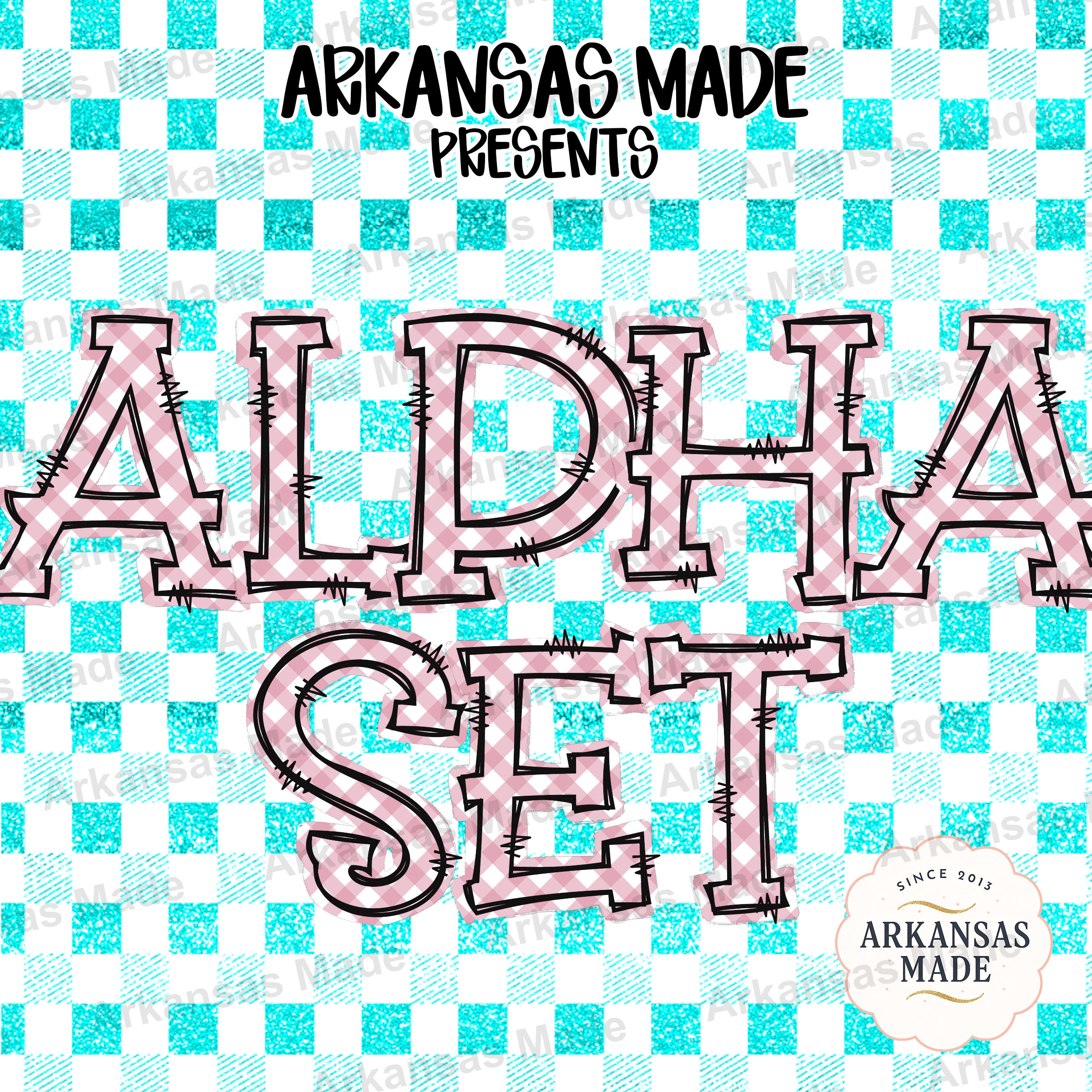 Pink Gingham Alpha Set PNG, Stitched Distressed Letters Digital Download for Sublimation Crafters, Farmhouse Alphabet Graphics
