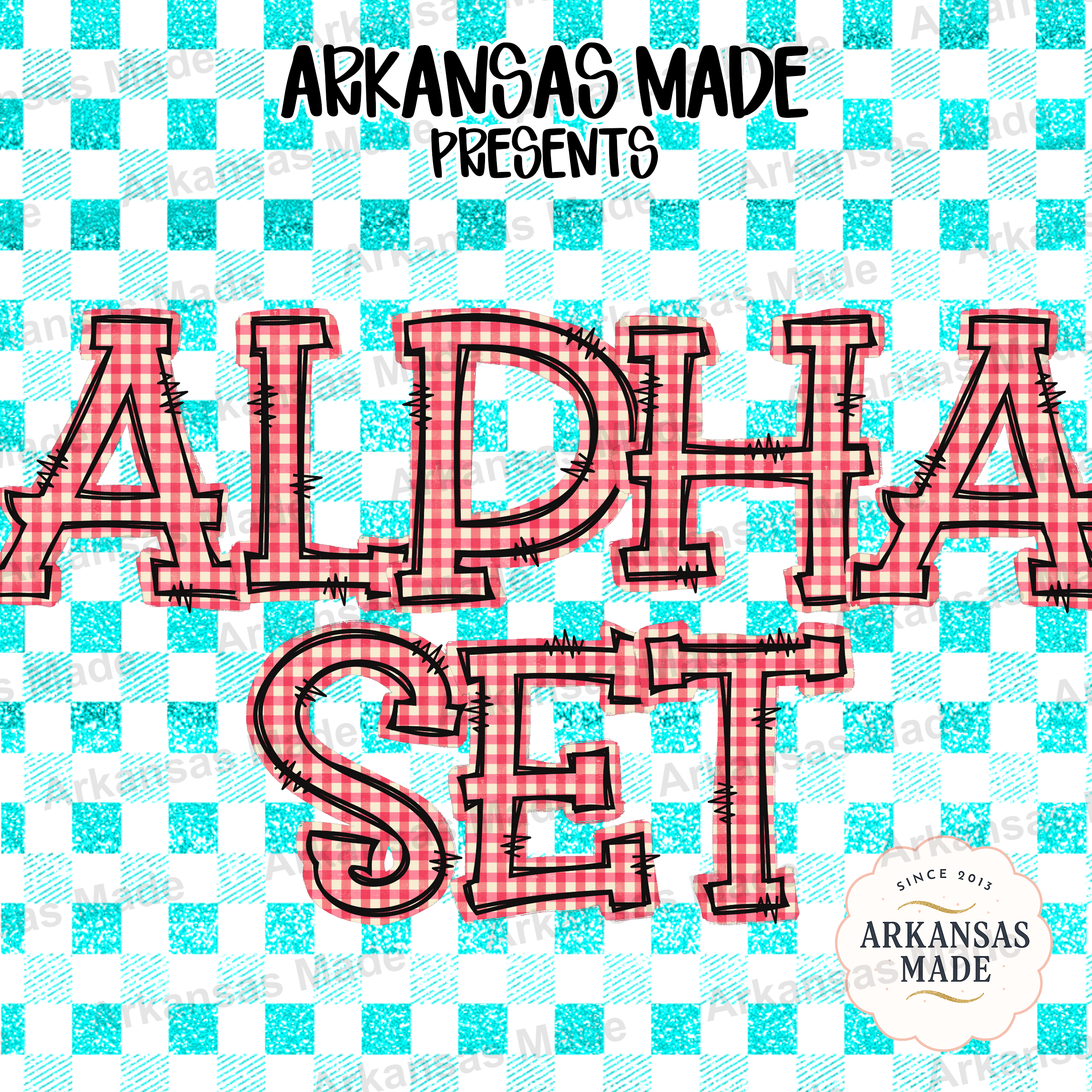 Red Gingham Alphabet Digital Download PNG, Farmhouse Plaid Font Letters, Stitched Outline Alpha Set, Rustic Craft Design Resource, Instant