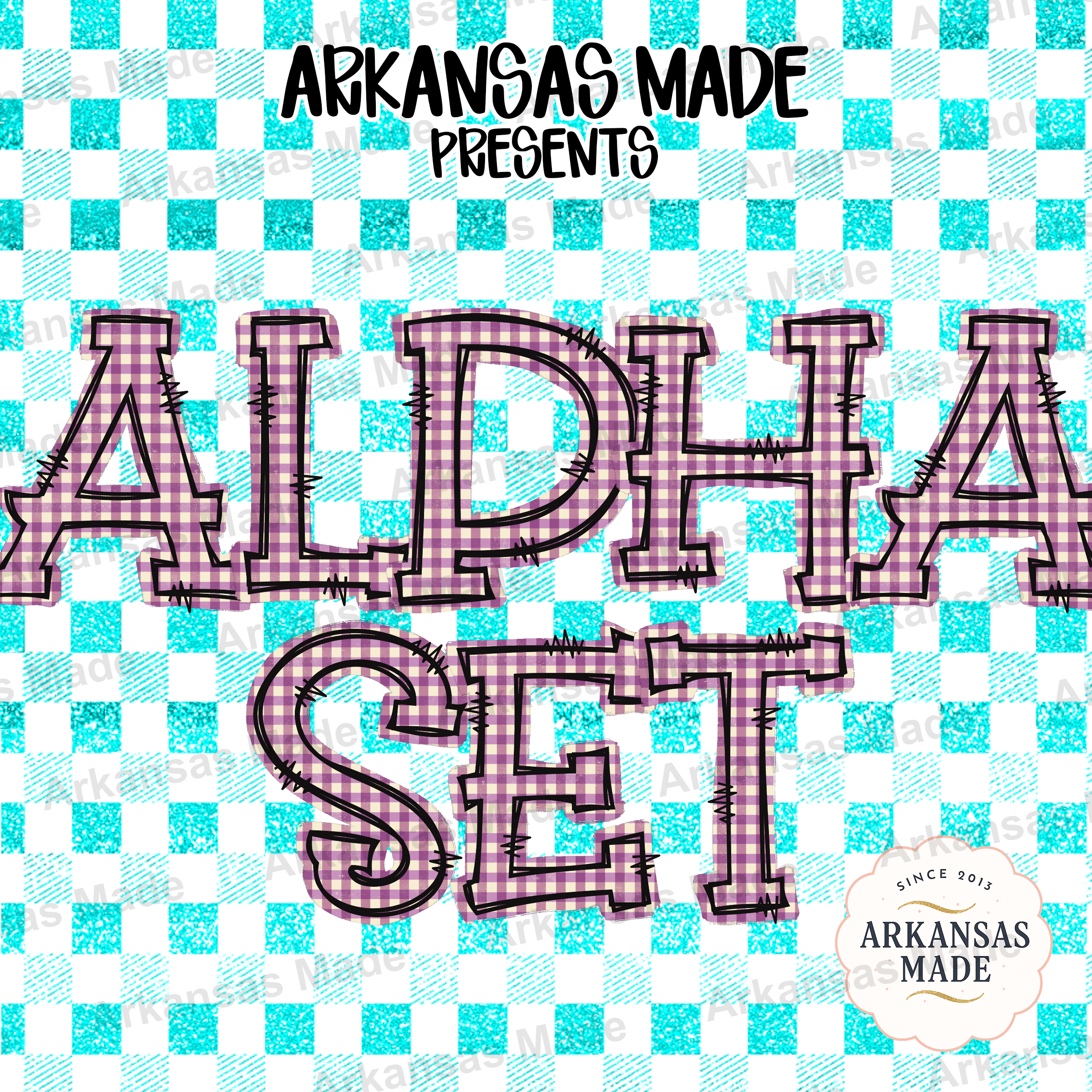 Purple Gingham Alpha Set PNG, Plaid Alphabet Letters Digital Download Bundle, Stitched Craft Font for Sublimation Design & HTV, Rustic